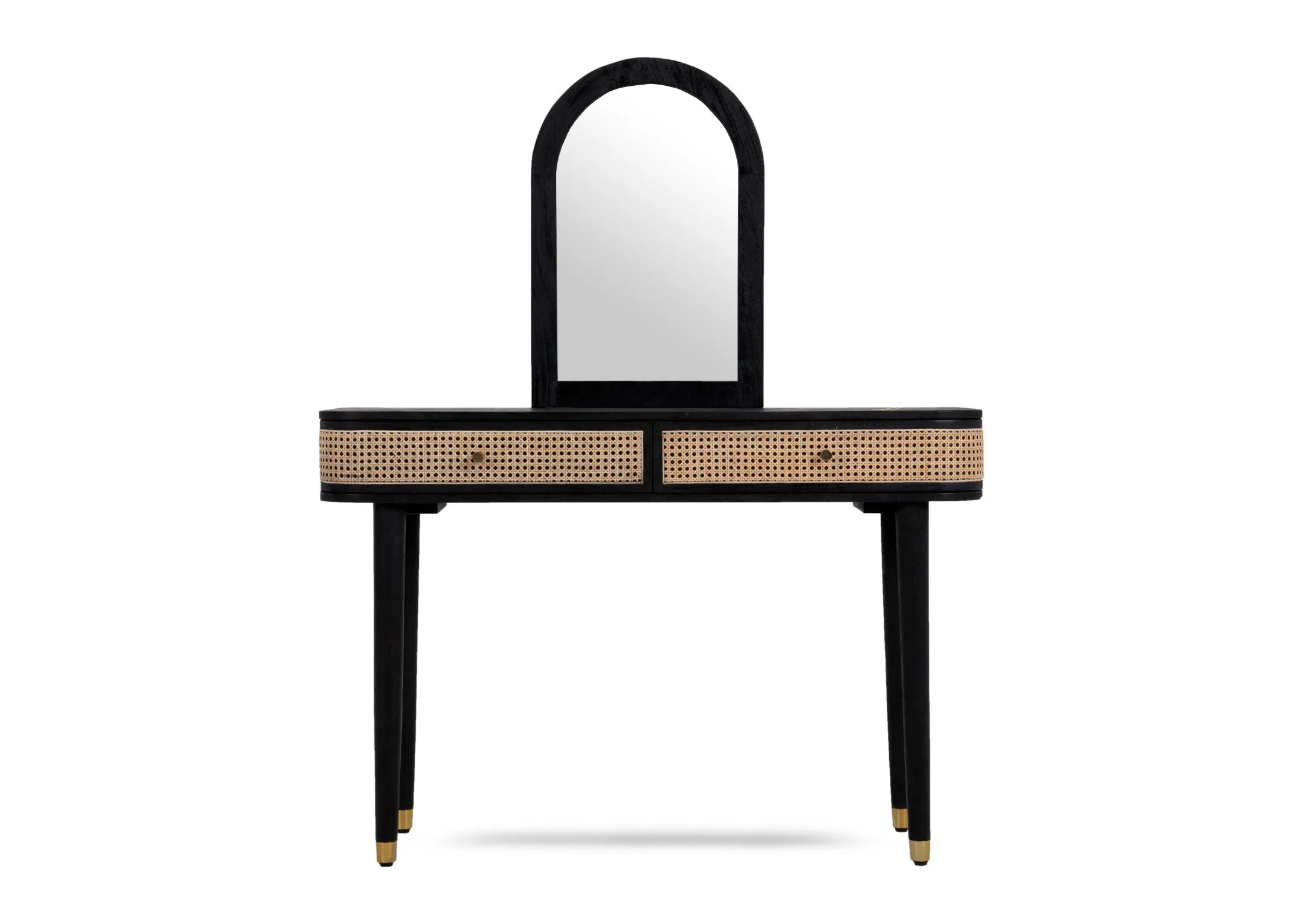 A black mango dressing table with 2 drawers & arch mirror from EZ Livings Lenny range. Front view of tall slim black legs with brass tips