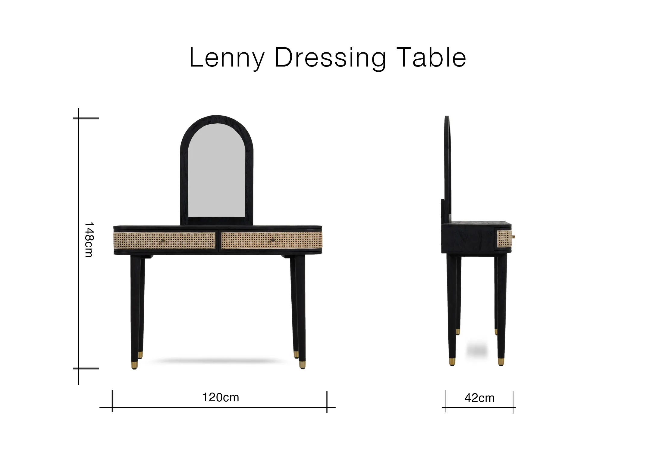 A dimension image of the Lenny Dressing Table with 120cm x 42cm x 148cm