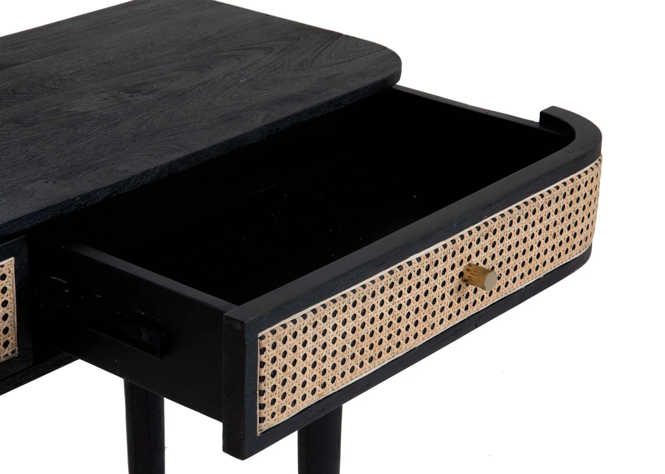 A black mango dressing table with 2 drawers & arch mirror from EZ Livings Lenny range. Closeup of rattan front drawer.