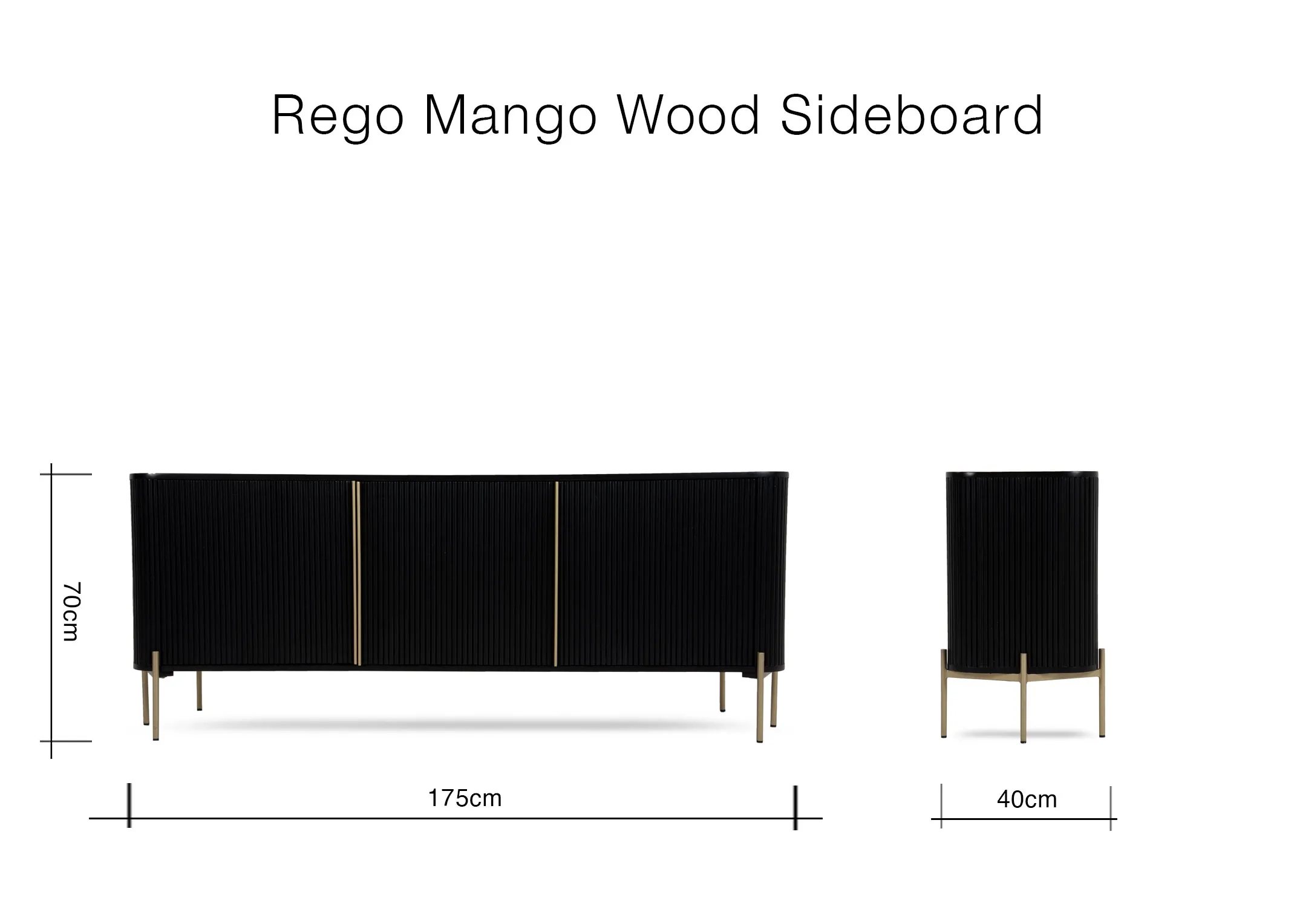 A dimension image of the Rego Mango Sideboard with 175cm x 40cm x 70cm