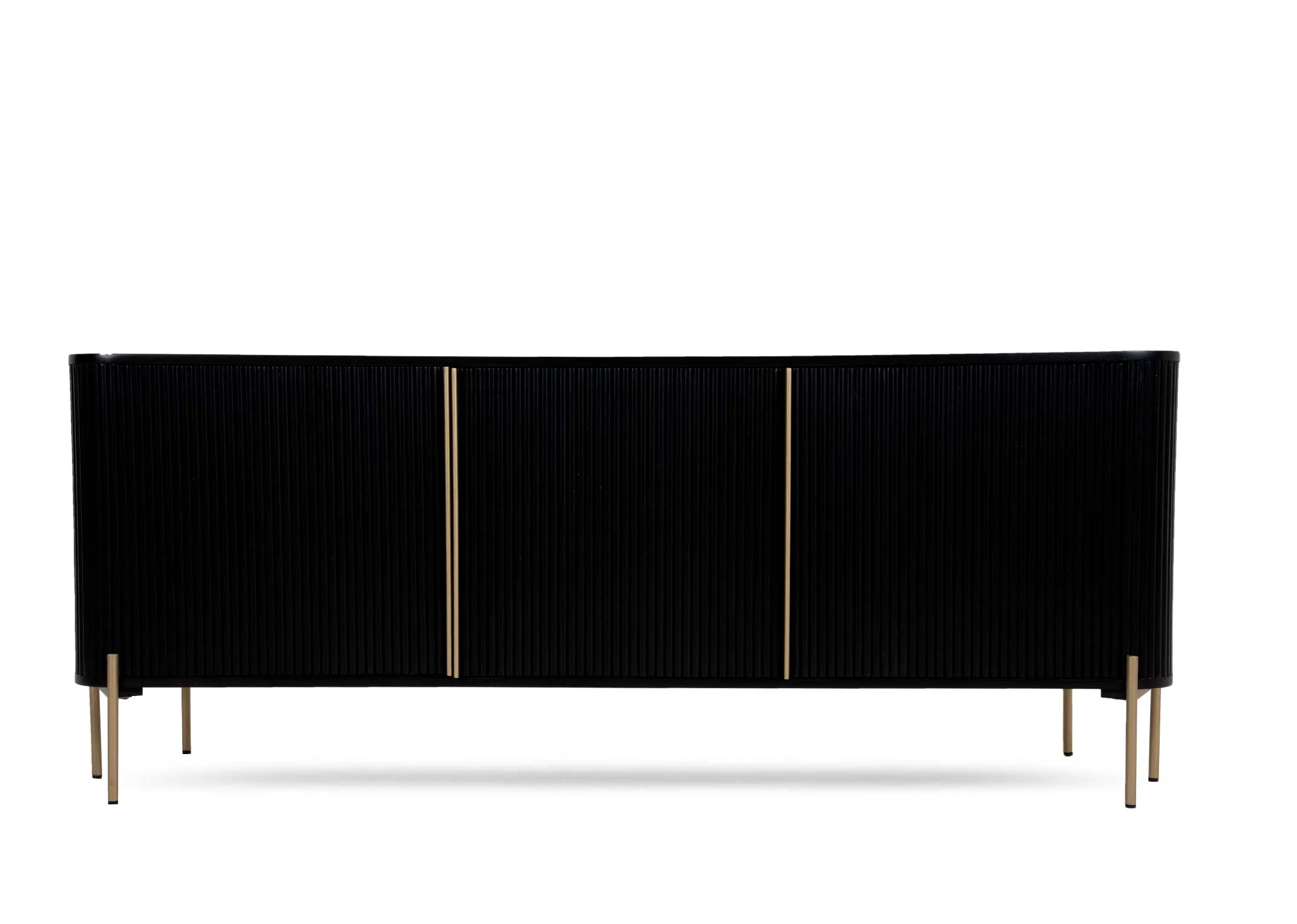 A 2 door black mango sideboard from EZ Livings Rego range. Front view of slatted effect design and gold trim around doors.