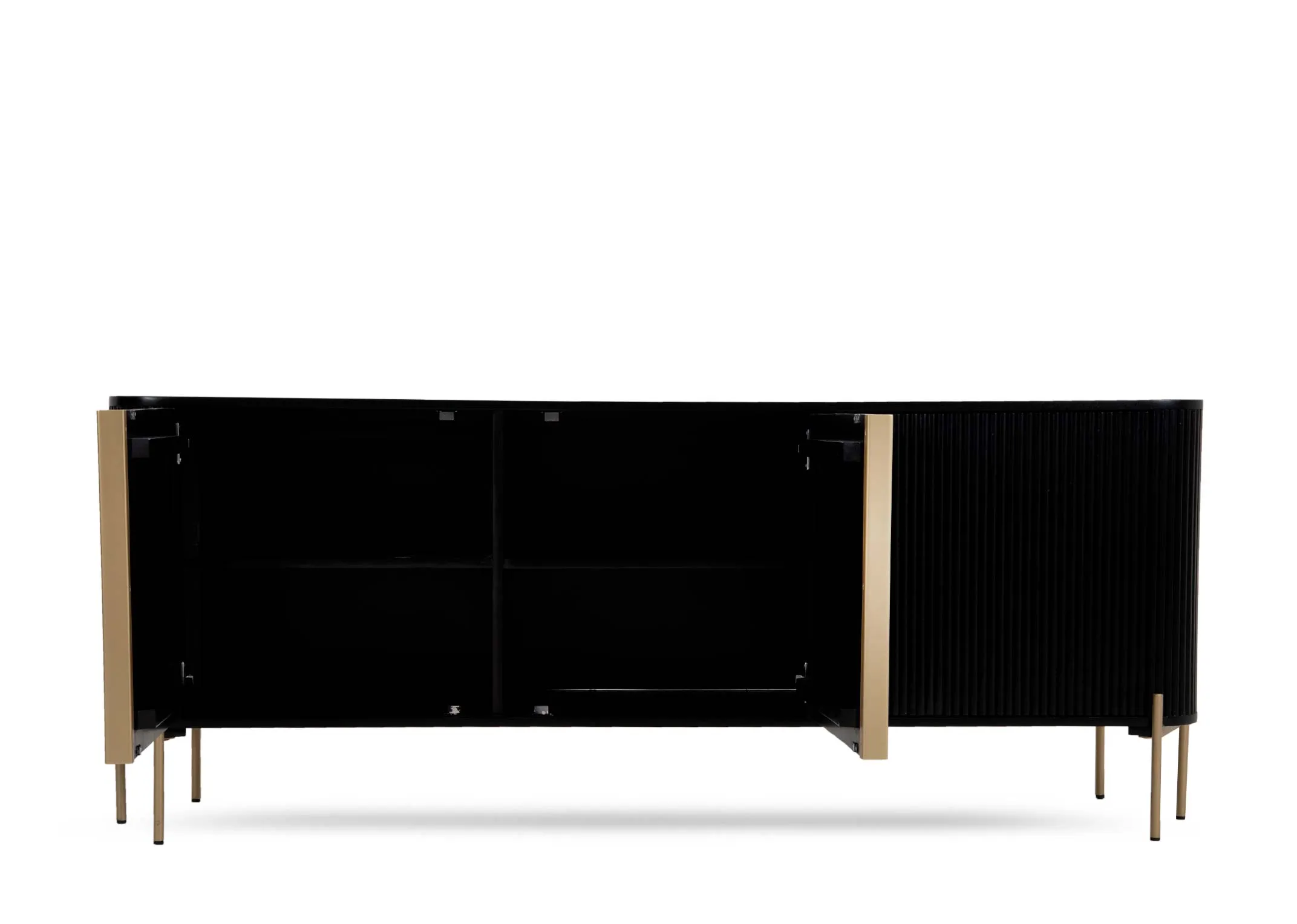 A 2 door black mango sideboard from EZ Livings Rego range. Front view of sideboard with doors open