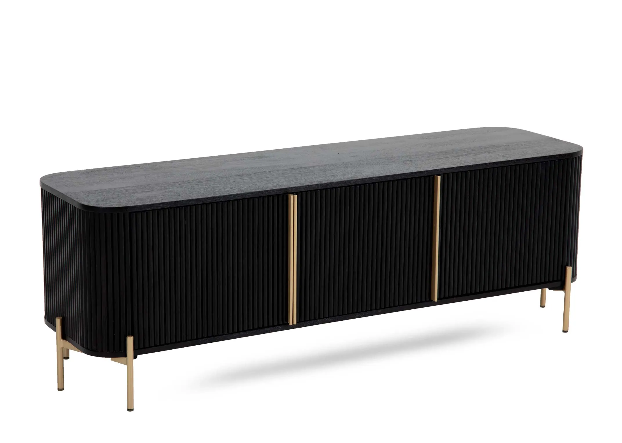 A black mango 2 door tv unit from EZ Living Furnitures Rego range. Angled view.