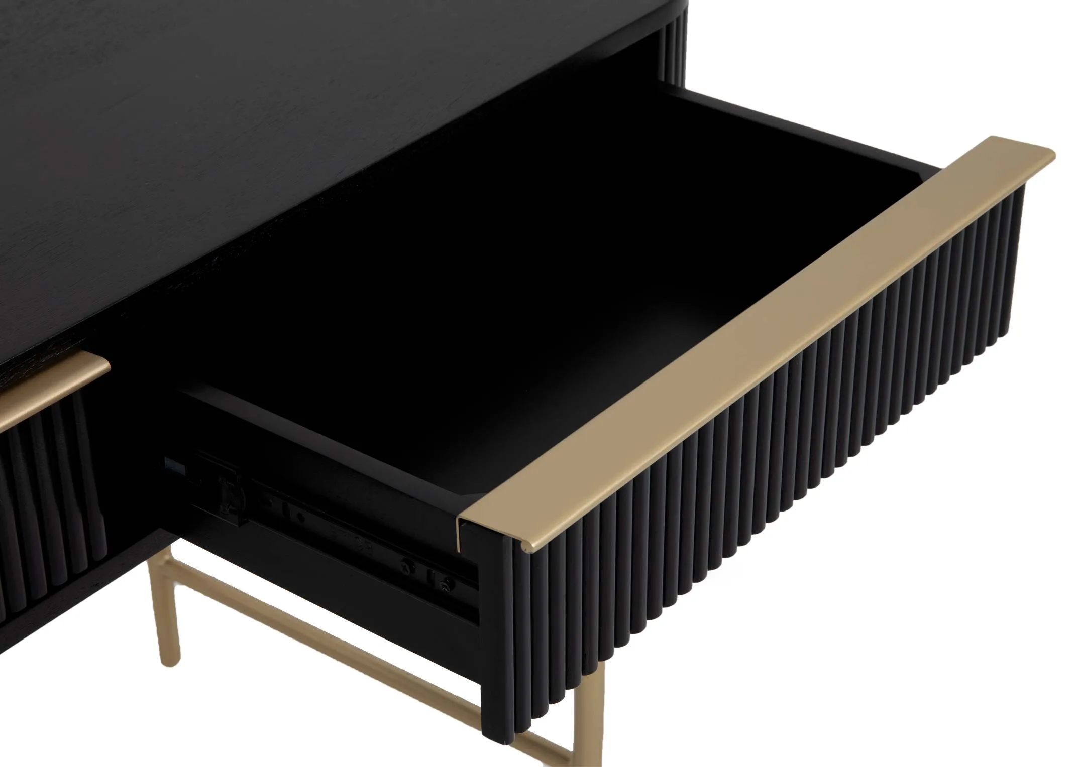 A black mango console table with gold legs from EZ Livings Rego range. Closeup of ridged finish on drawer fascia