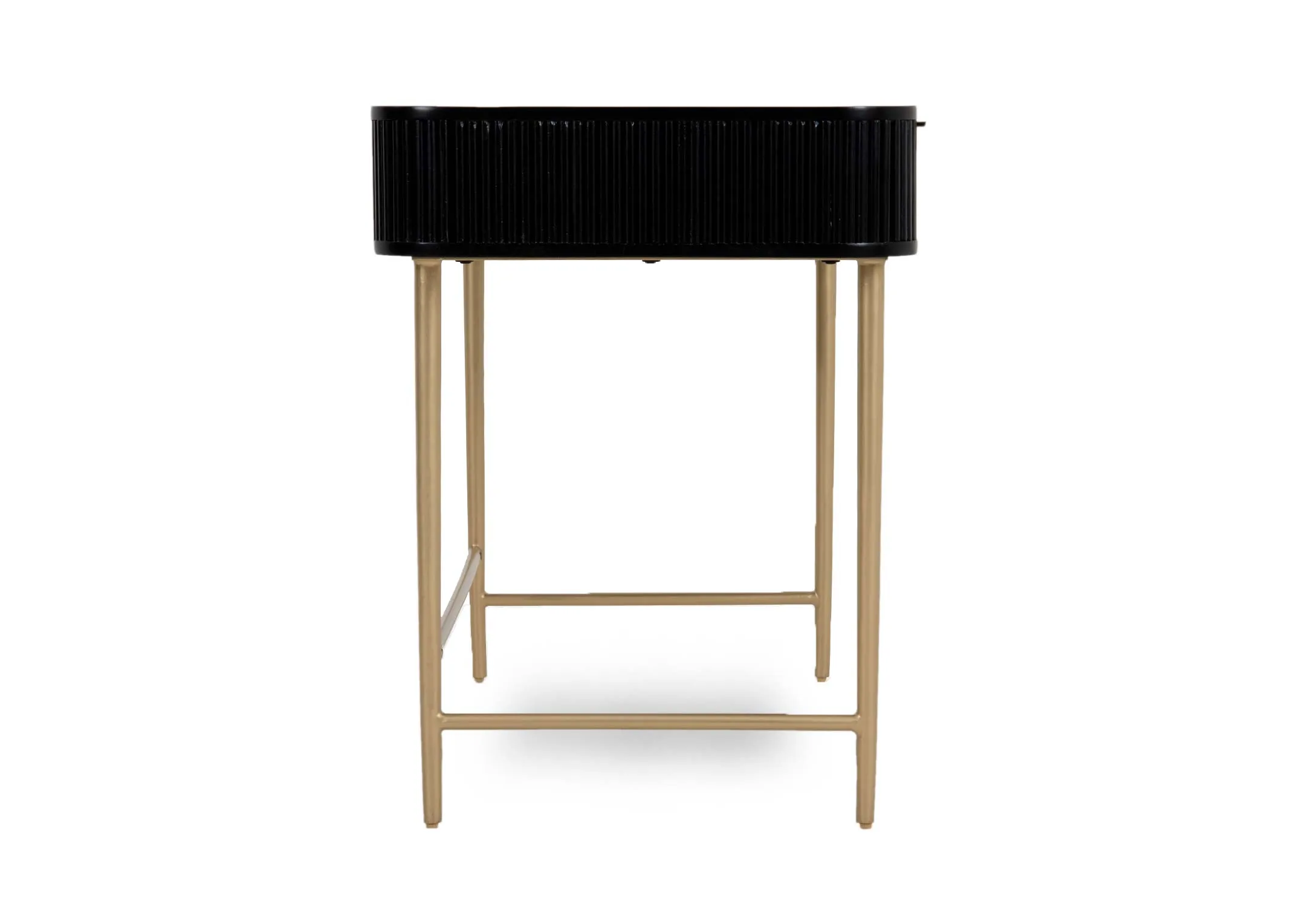 A black mango console table with gold legs from EZ Livings Rego range. Side view of slim table top finish