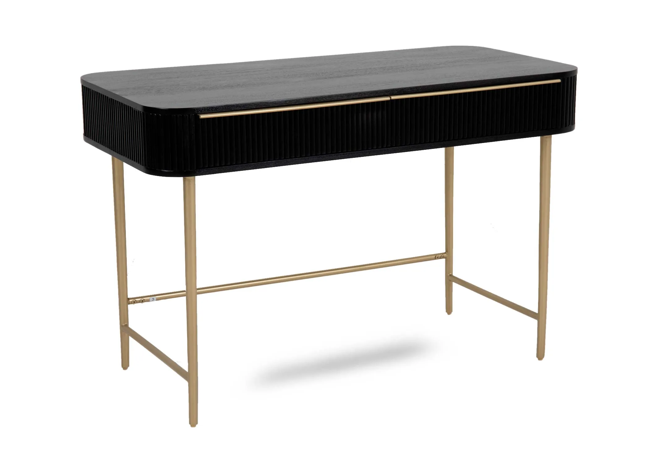 A black mango console table with gold legs from EZ Livings Rego range. Angled view of gold bar handles on drawers.