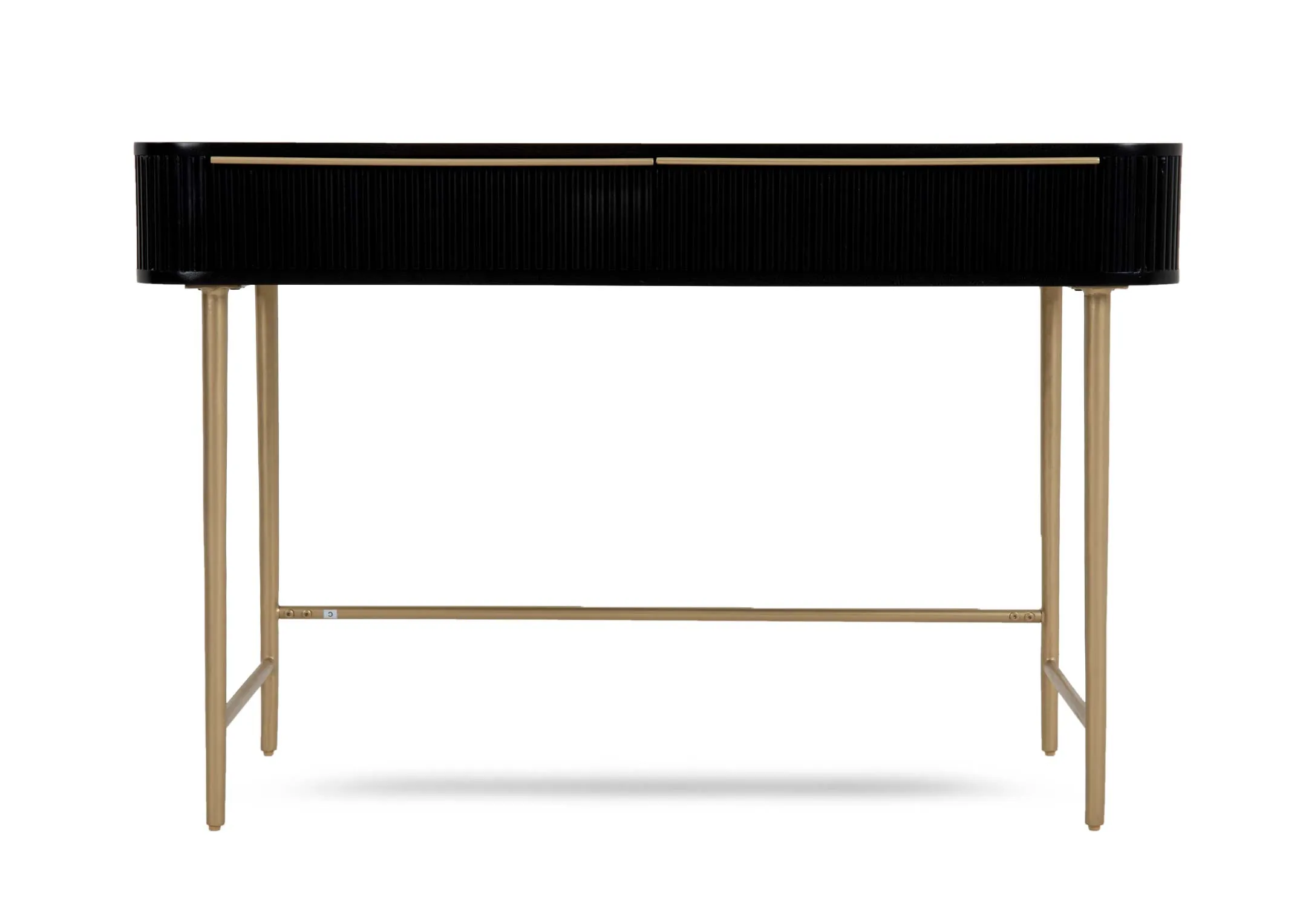 A black mango console table with gold legs from EZ Livings Rego range. Front view of iron gold high legs.