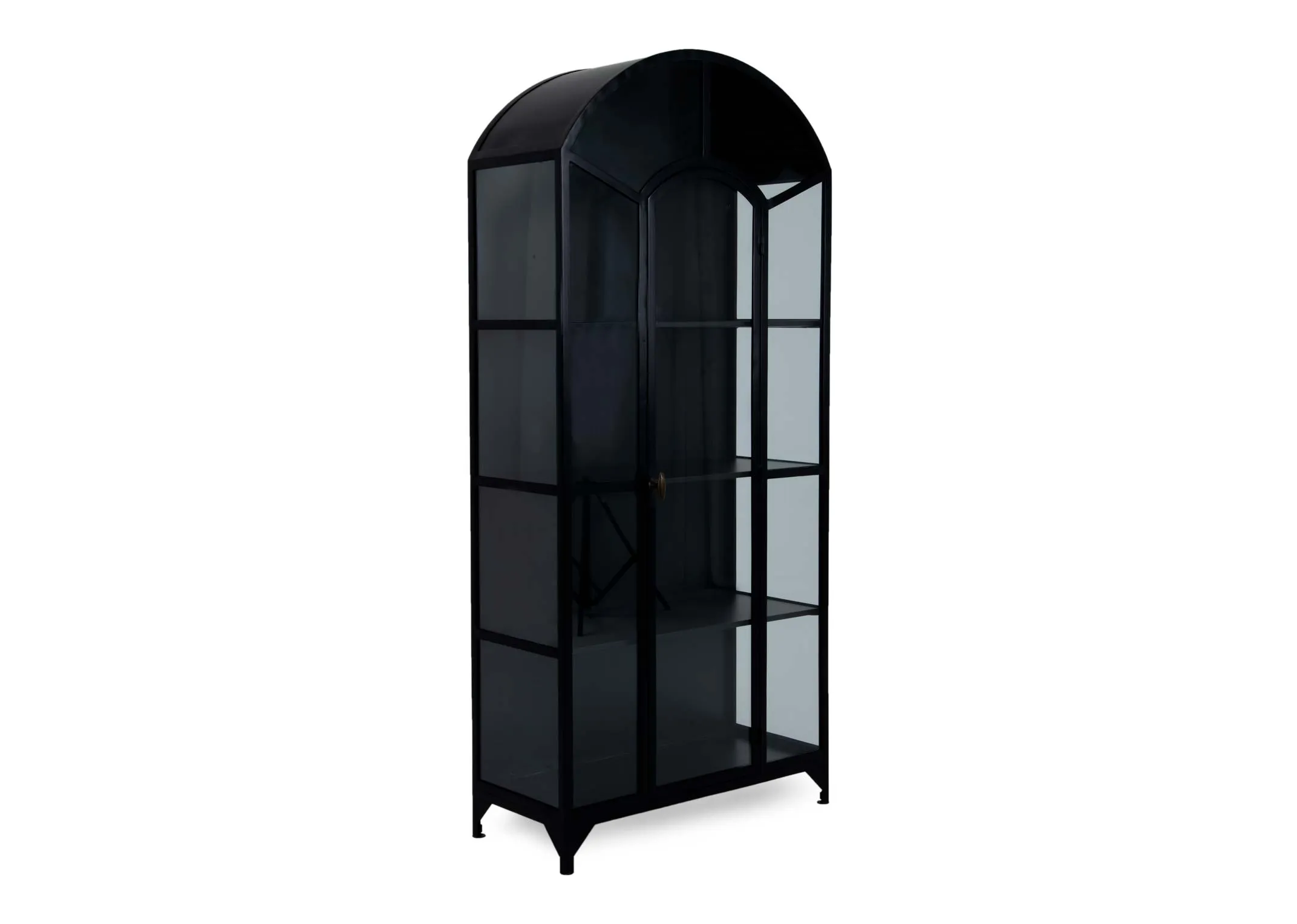 A glass metal cabinet with glass paned side and door to front from EZ Livings Trident range. Angled view.