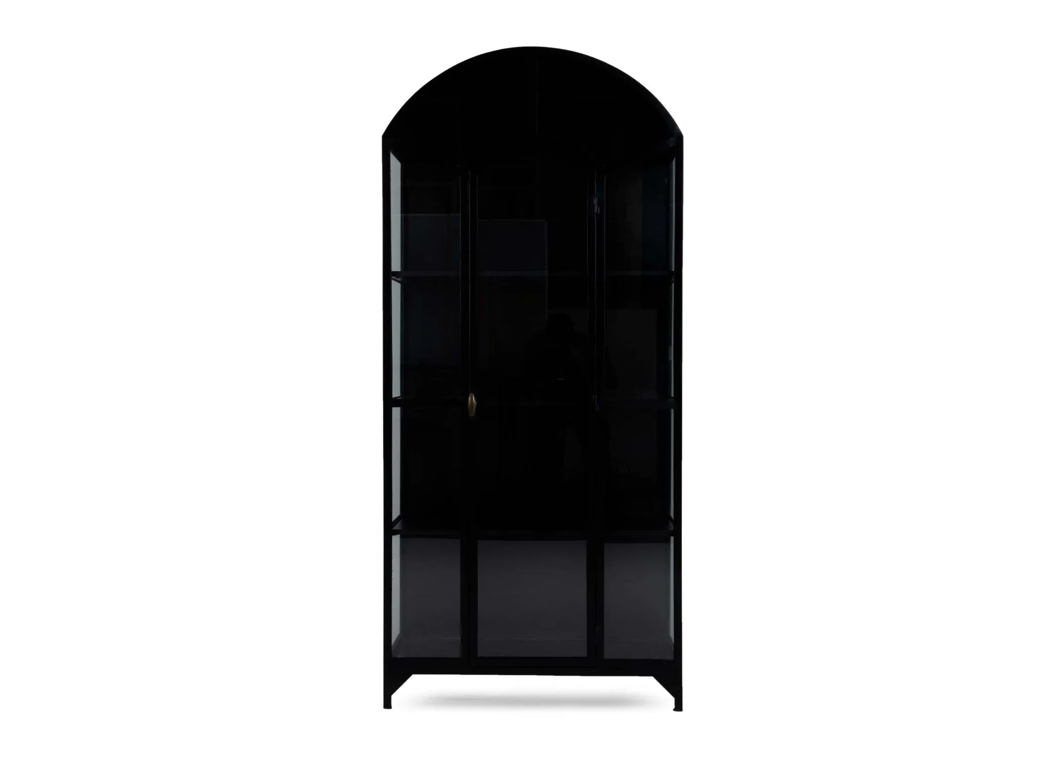 A glass metal cabinet with glass paned side and door to front from EZ Livings Trident range. Front view of door open
