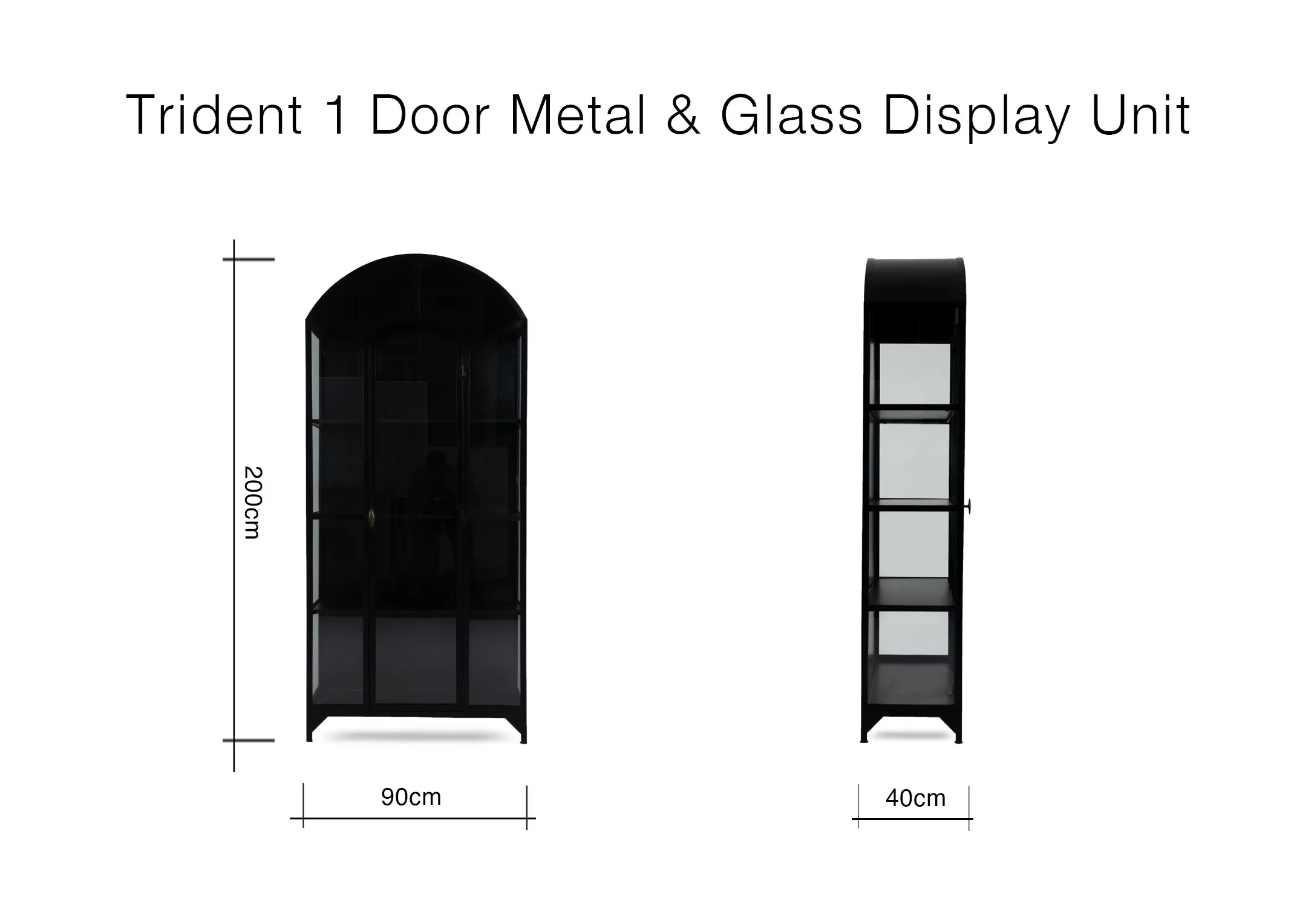 A dimension image of the Trident Display Cabinet with 90cm x 40cm x 200cm