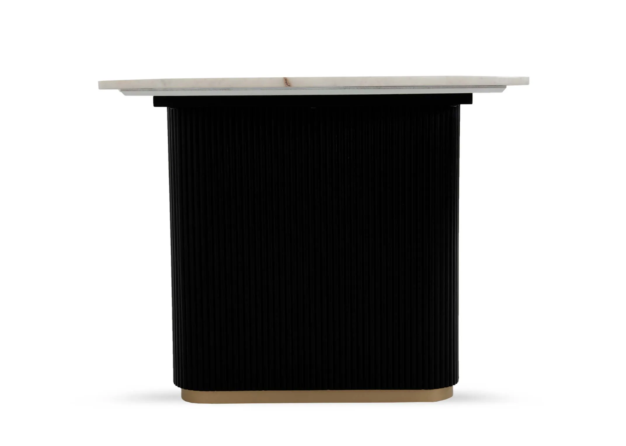 An oval white marble dining table top with black mango wide legs from EZ Livings Rego range. Side view of slatline finish