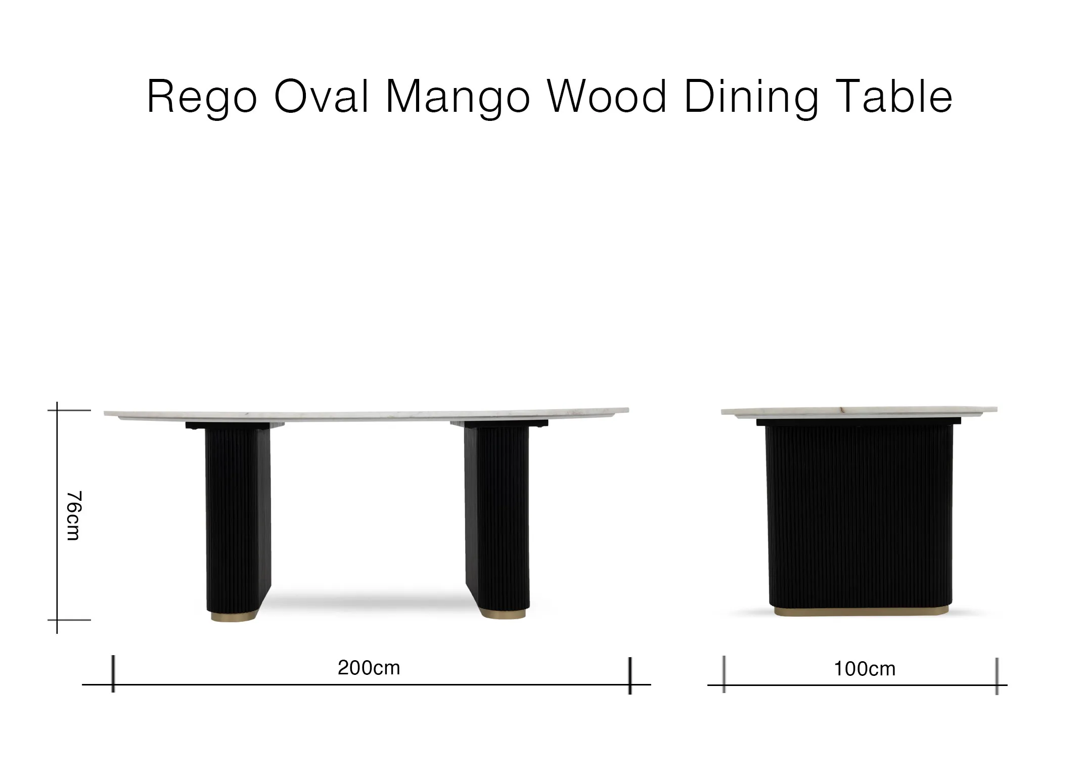 A dimension image of the Rego oval Dining tabel with 200cm x 100cm x 76cm