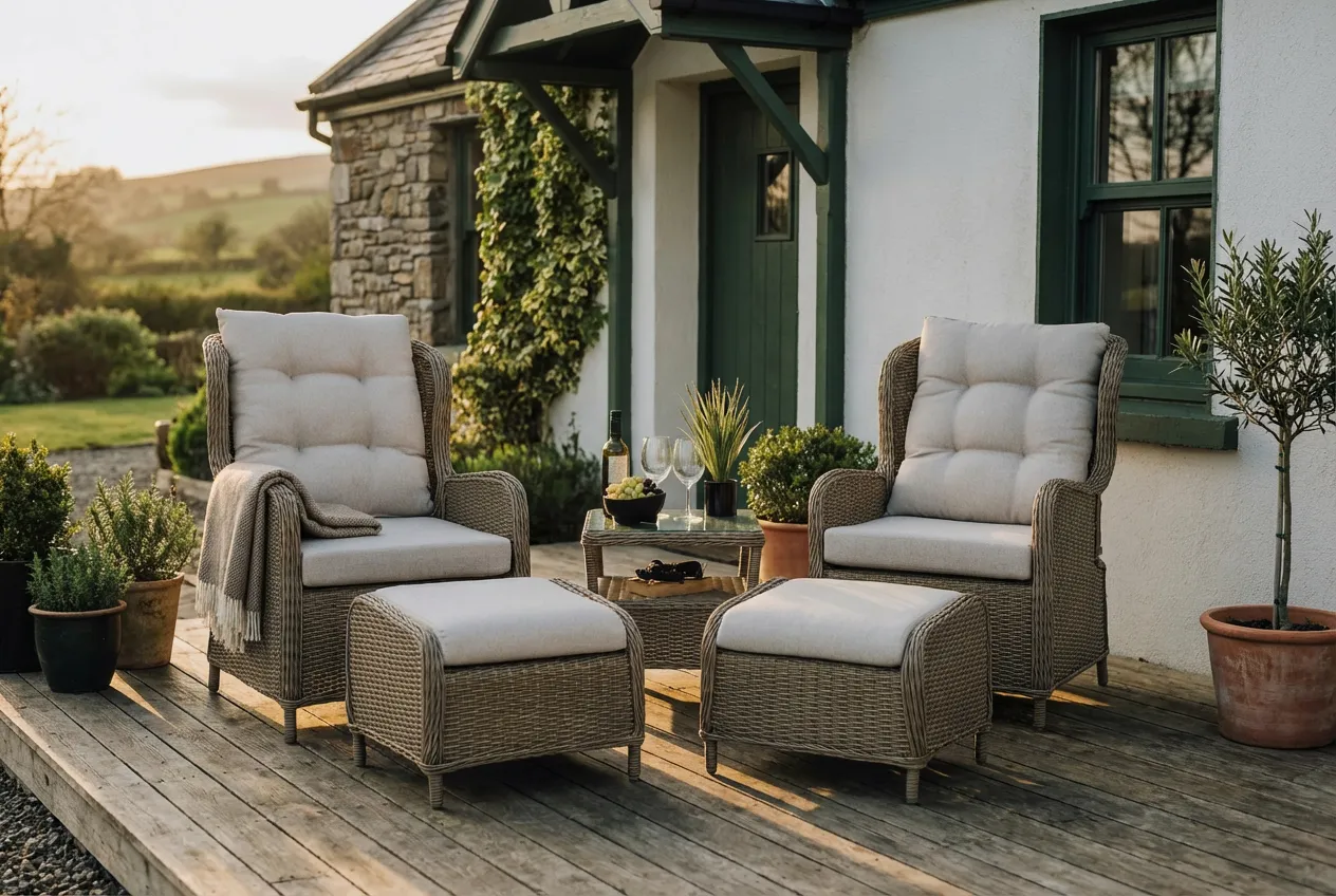 A lifestyle image of the Laurel recliners with footstools together sitting upright.