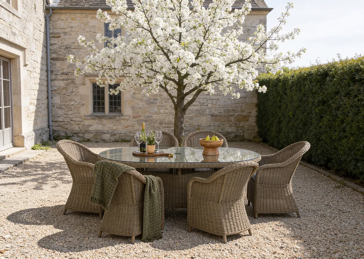A lifestyle image of the Seville oval table and round  back chairs with cherry blossom tree