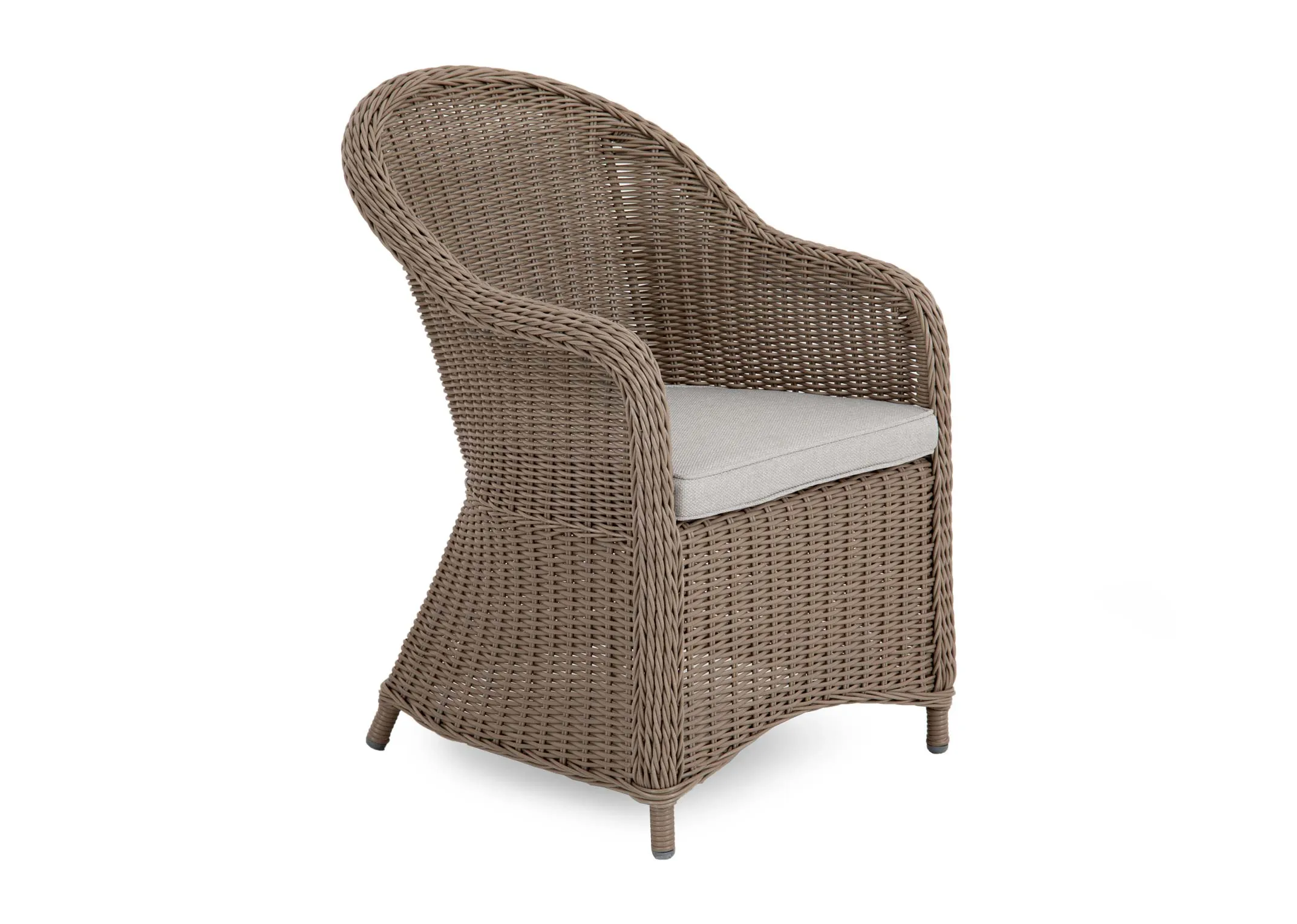 A round back rattan garden chair from EZ Livings Seville range. Angled view