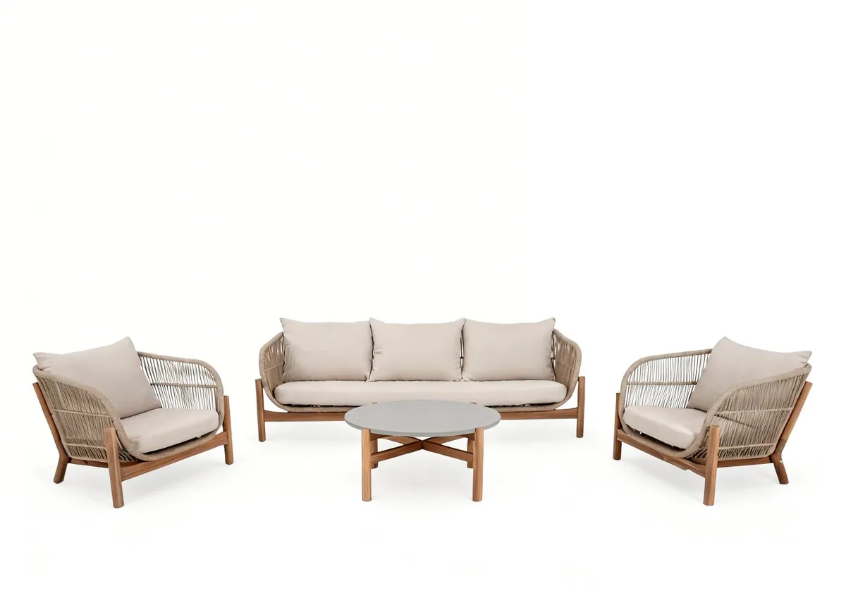 A garden set with a 3 seater with 2 lounnge chairs and a coffe table. Front veiw of set