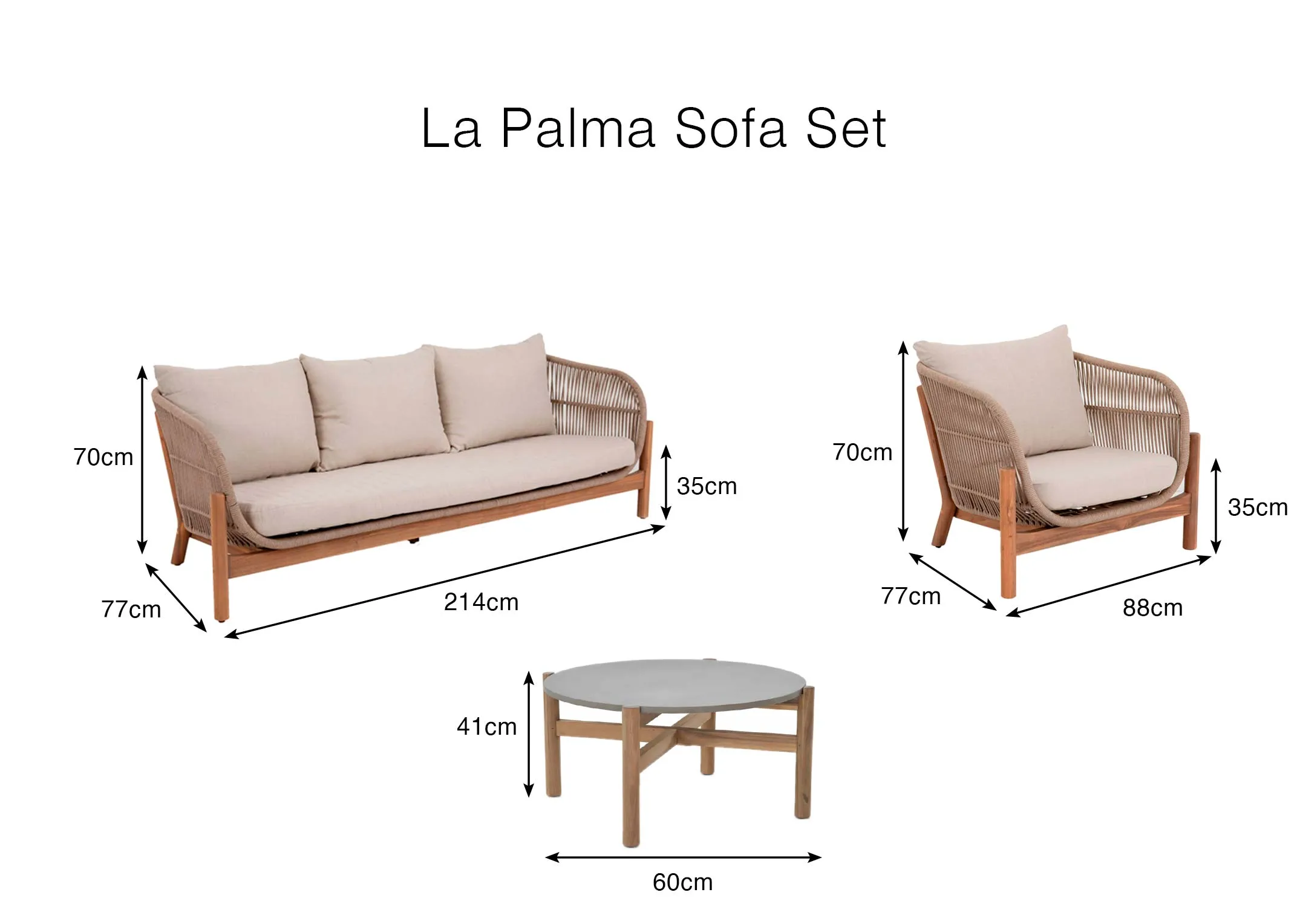 A dimension image of the La Palma sofa set with 70cm Sofa & Chair 41cm Table 80cm H x 214cm Sofa 88cm Chair 80cm Table W