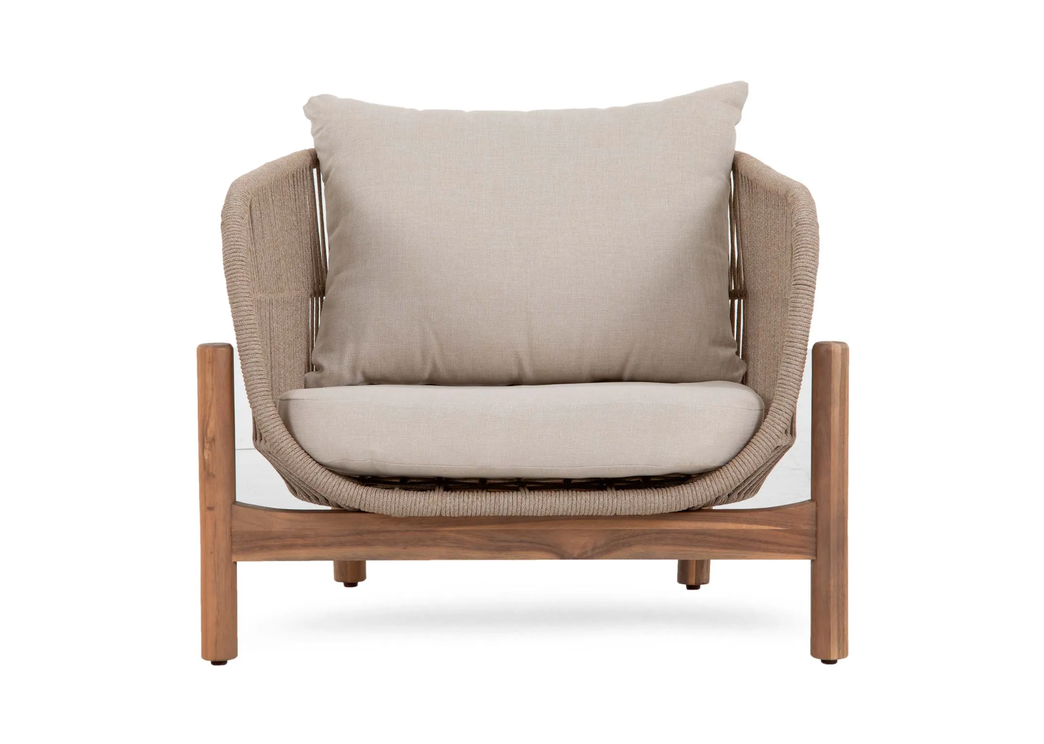 A garden set with an armchair with acacia wood frame from EZ Livings La Palma range. Front view of cream seat and back cushions.