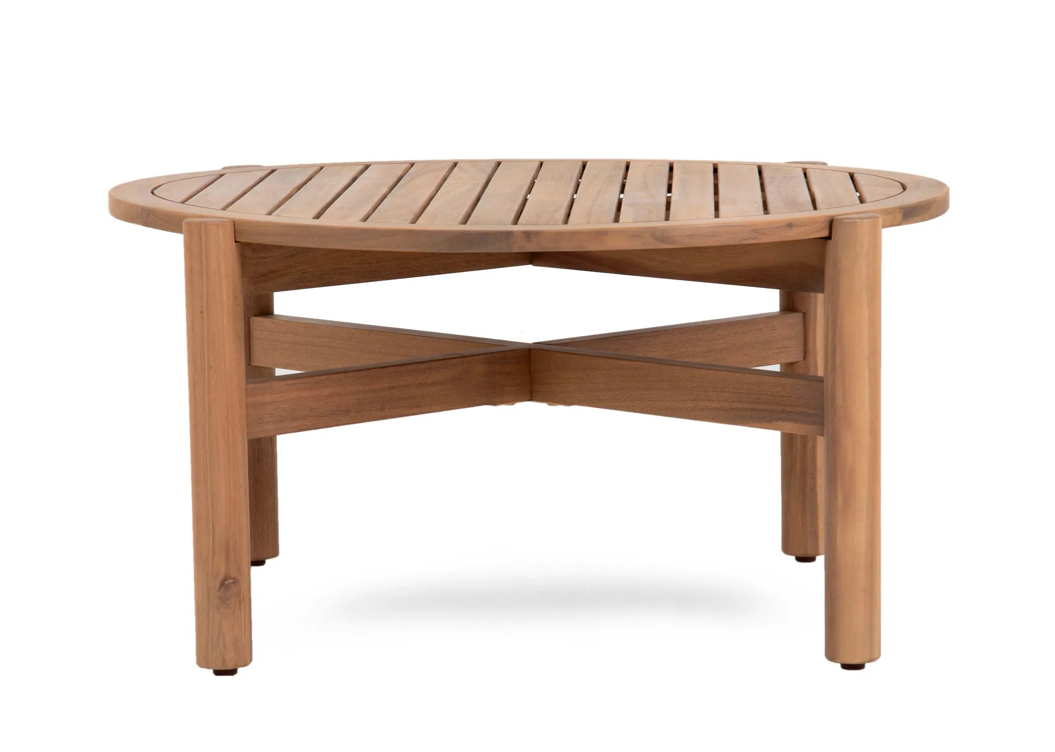 A garden set with a round coffee table with acacia wood frame and panel top from EZ Livings La Palma range. Side view of x legs 