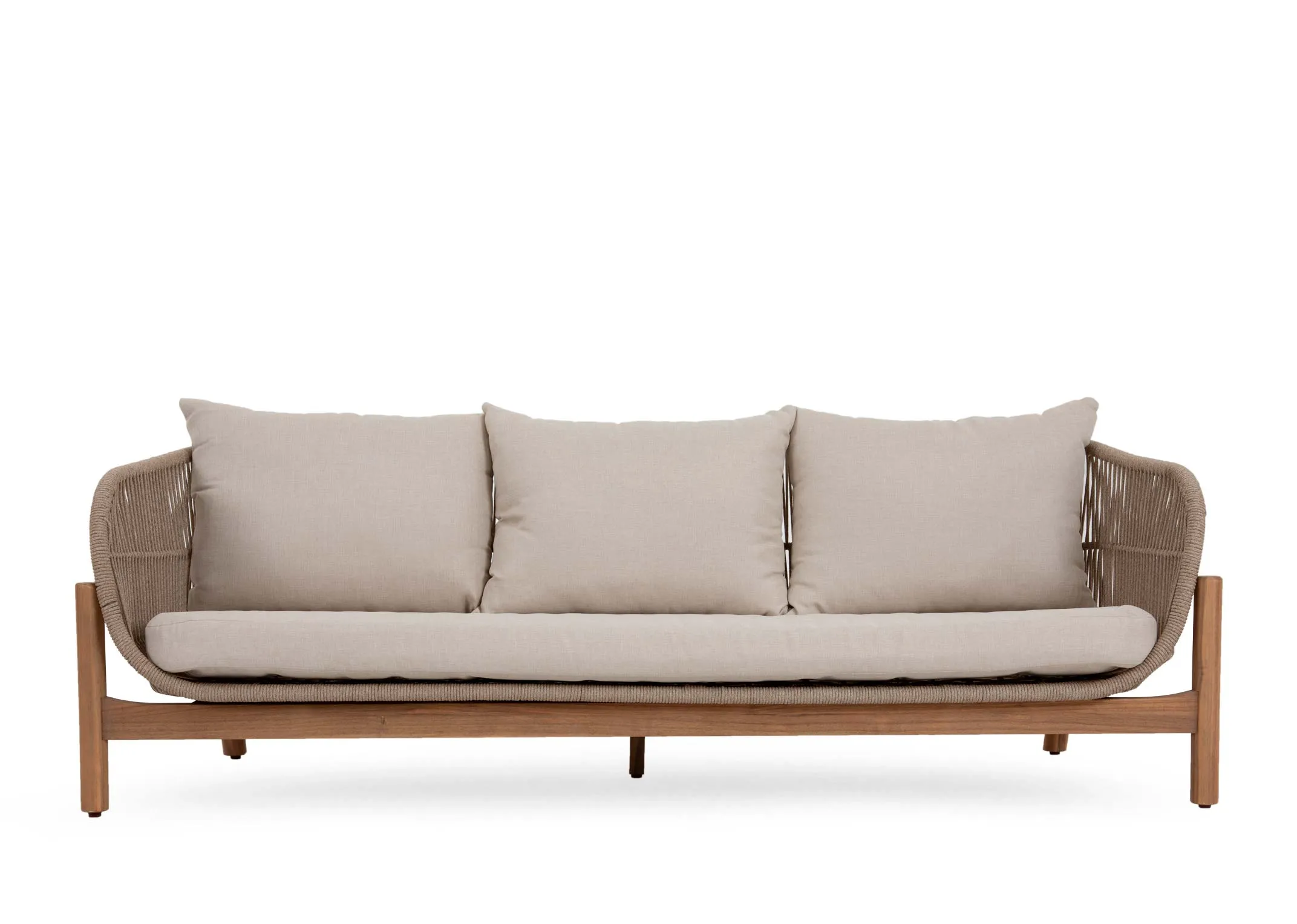 A garden set with a 3 seater sofa with acacia wood frame from EZ Livings La Palma range. Front view of low to ground frame.