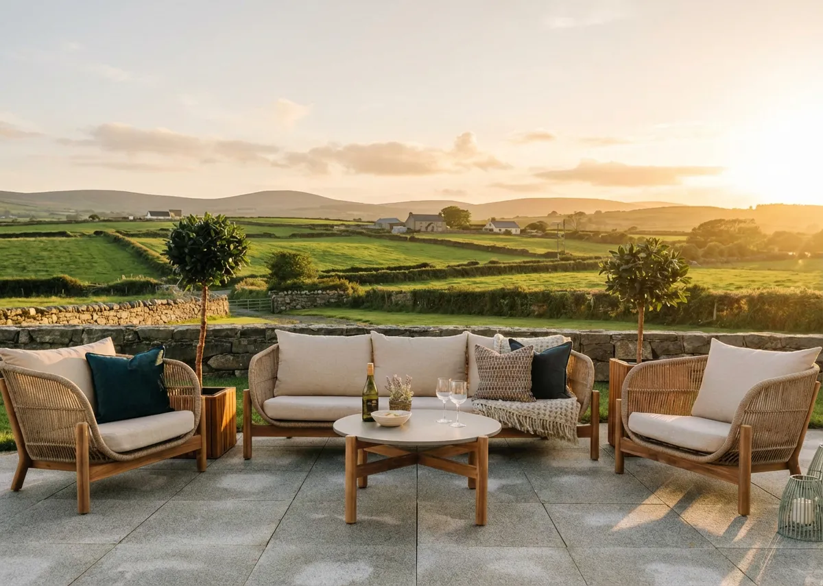 A garden set with a 3 seater sofa with acacia wood frame from EZ Livings La Palma range. Front view of low to ground frame.