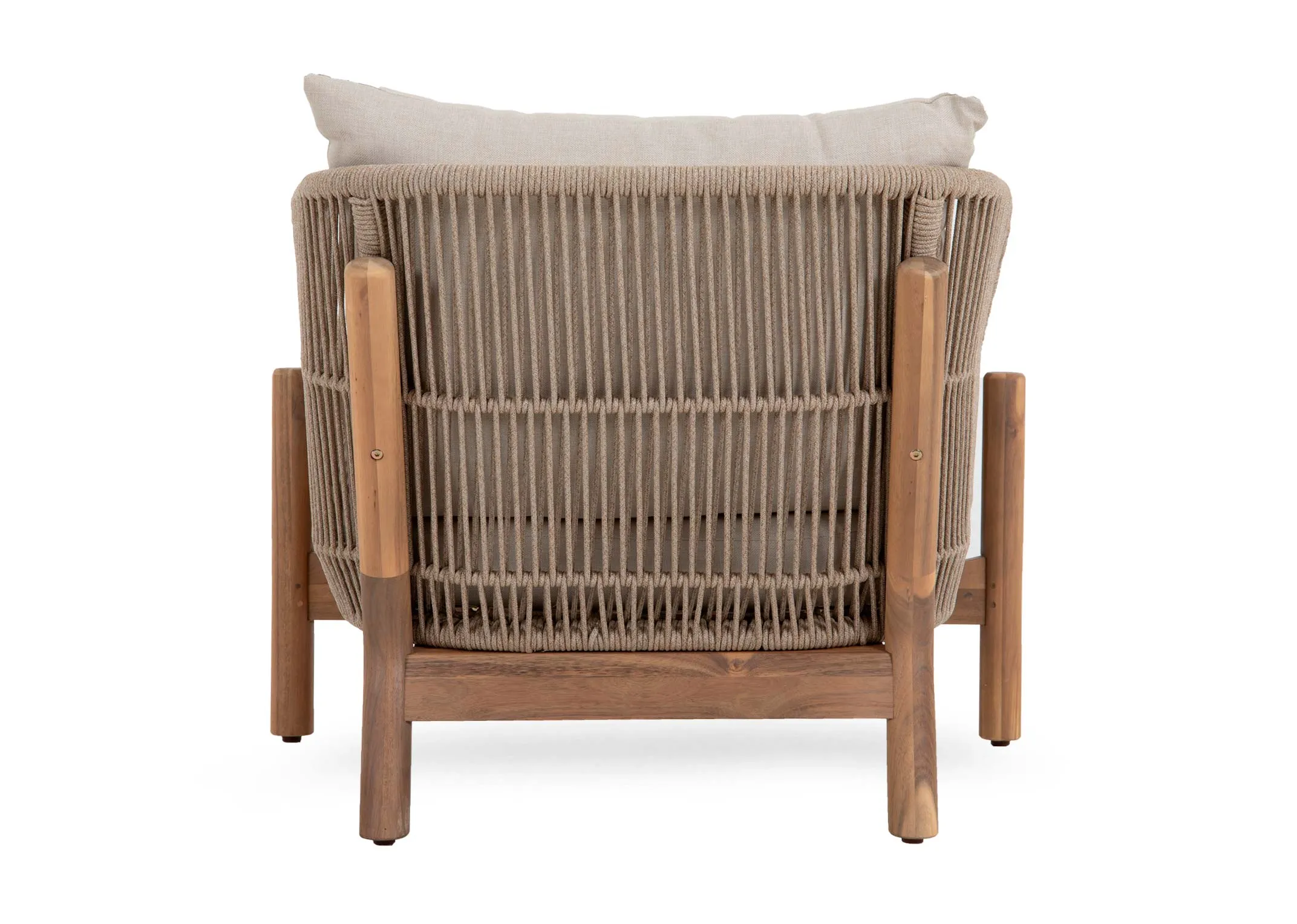 A garden set with an armchair with acacia wood frame from EZ Livings La Palma range. Back view of wick frame