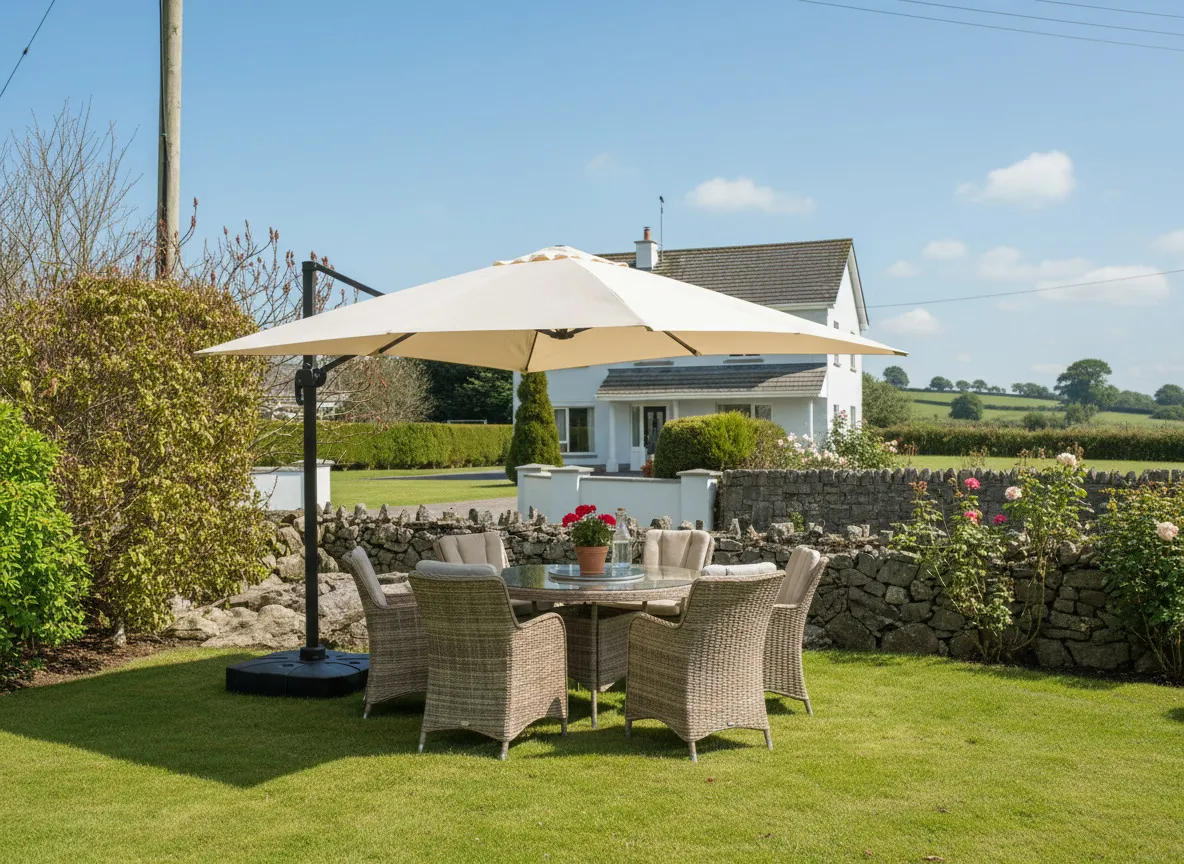 A lifestyle image of the Alhambra oarasol with the Seville round dining set