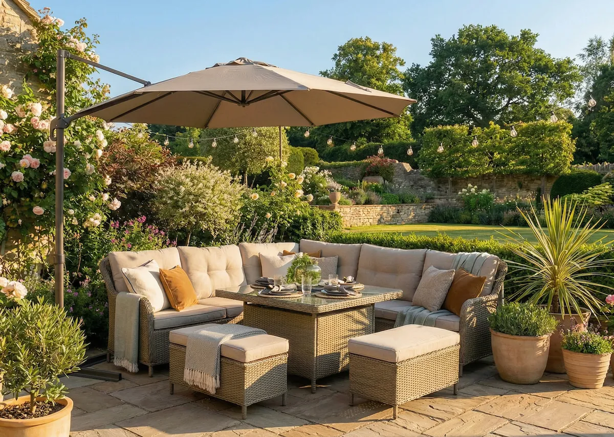 A lifetsyle image of the Marbella garden set with a parasol on a stand in a luscious garden setting.