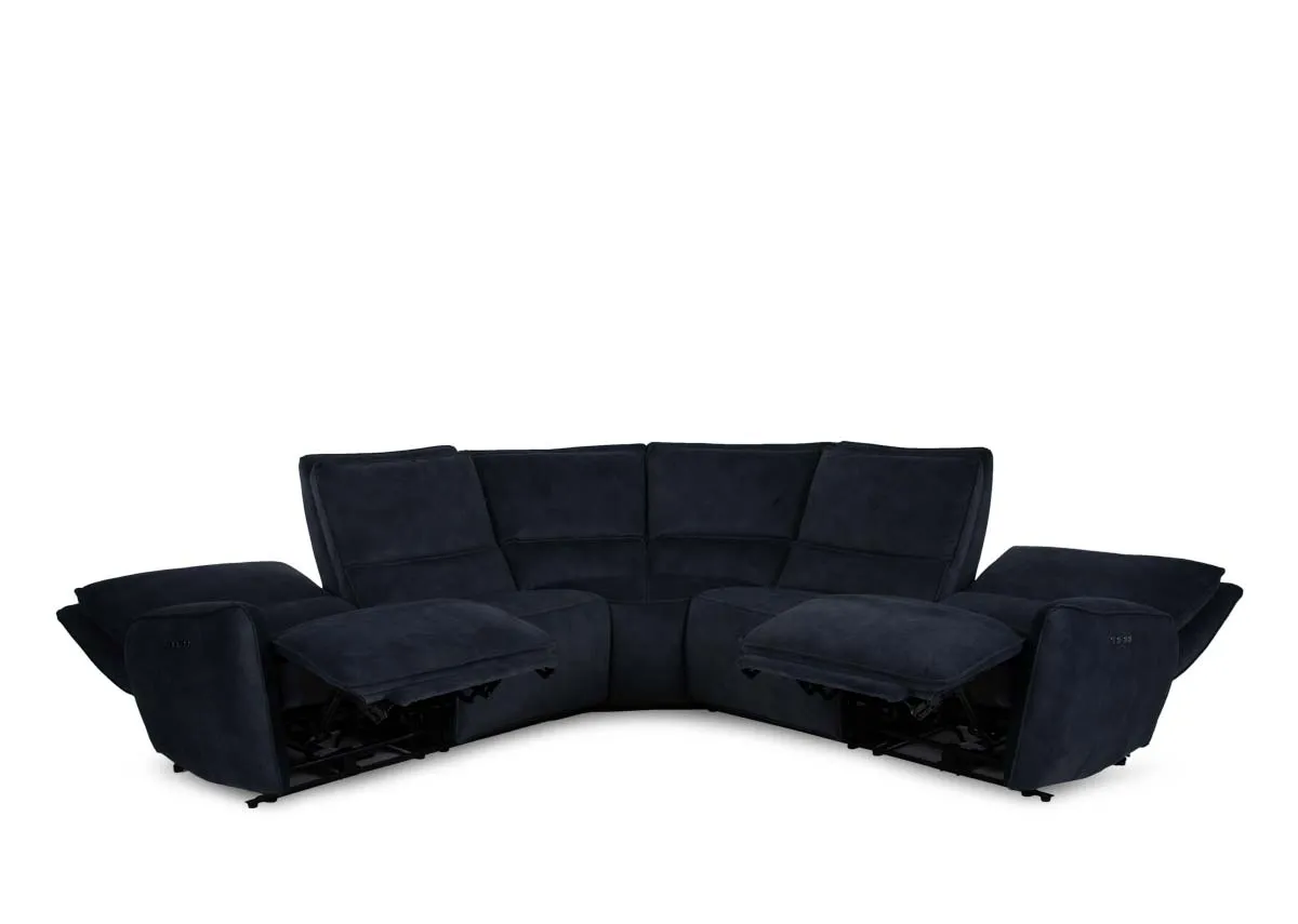 A medium dark grey fabric corner sofa from EZ Livings Quentin range. Angled view of sofa in reclining mode
