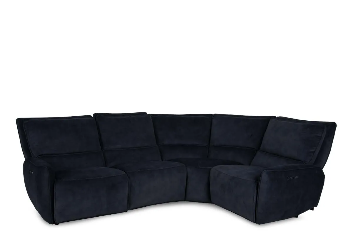 A small dark grey fabric corner sofa from EZ Livings Quentin range. Angled view of sofa in fixed mode
