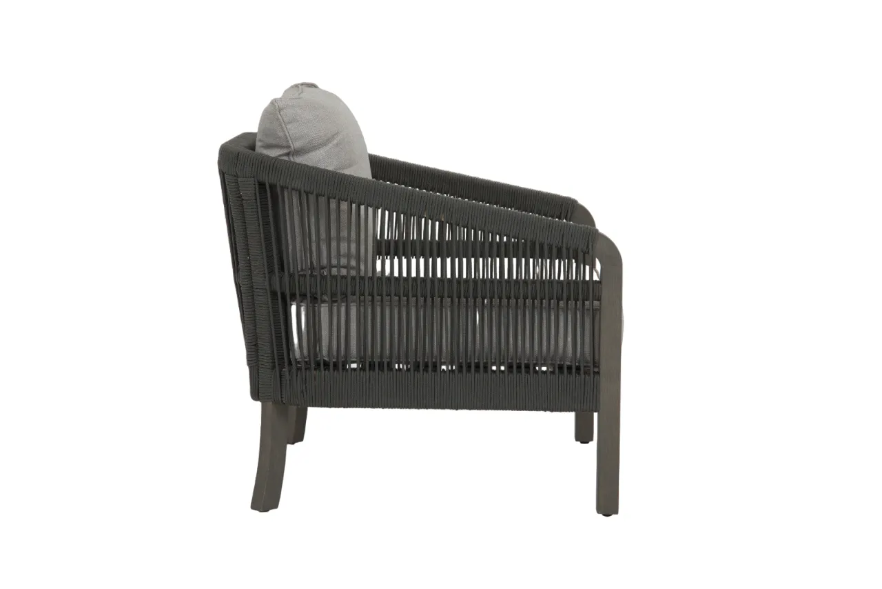 An outdoor lounge set with a 2 seater sofa a table and 2 chairs from EZ Livings Monpellier range.Side view