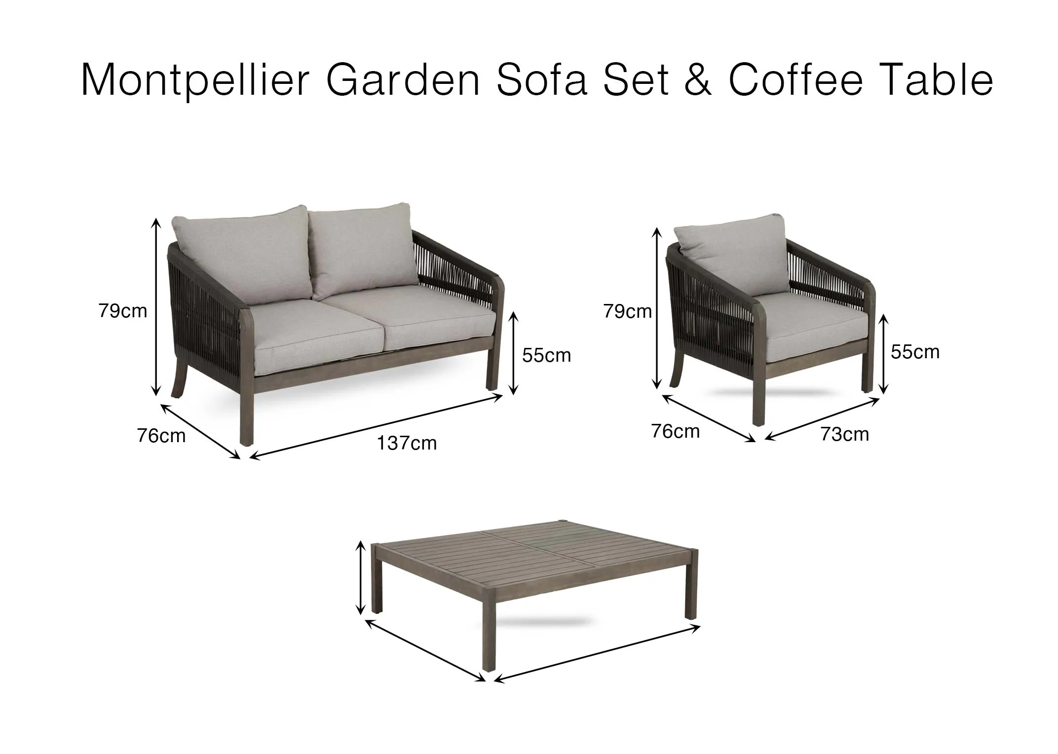 A dimension image of the Montpellier Lounge set with Sofa 137cm x 79cm Chair73cm x 78cm and Table 120cm x 35cm