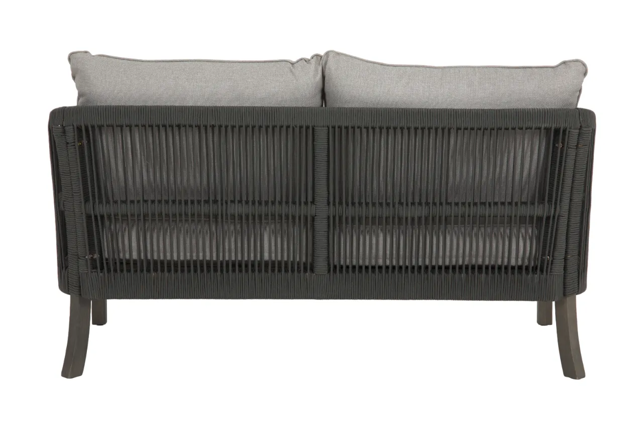An outdoor lounge set with a 2 seater sofa a table and 2 chairs from EZ Livings Monpellier range.. View of rope back on sofa