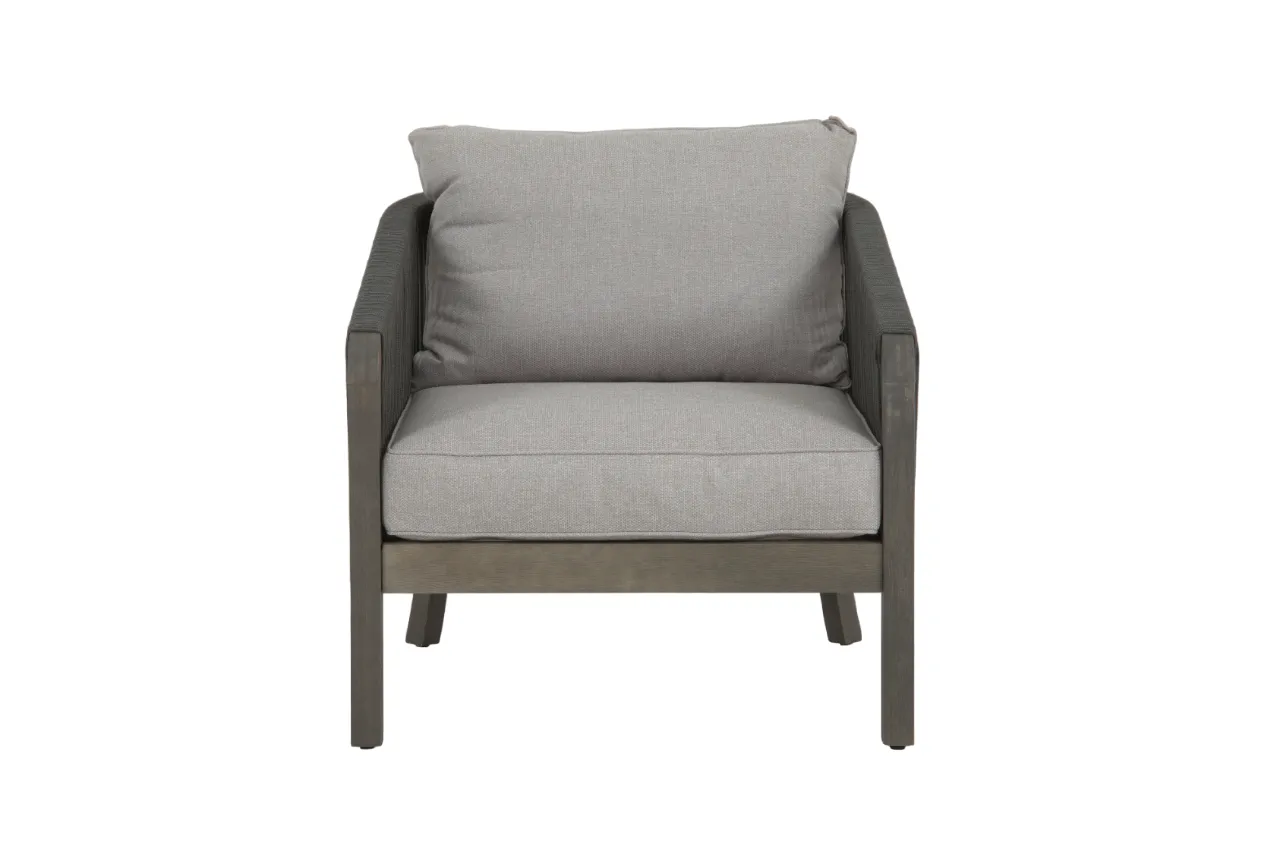 An outdoor lounge set with a 2 seater sofa a table and 2 chairs from EZ Livings Monpellier range. Front view of chair.