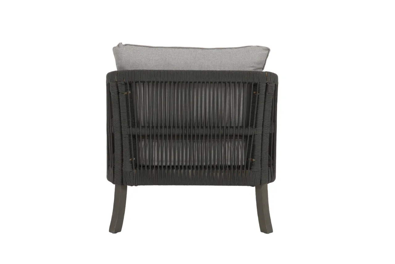 An outdoor lounge set with a 2 seater sofa a table and 2 chairs from EZ Livings Monpellier range. Back view of rattan rop back