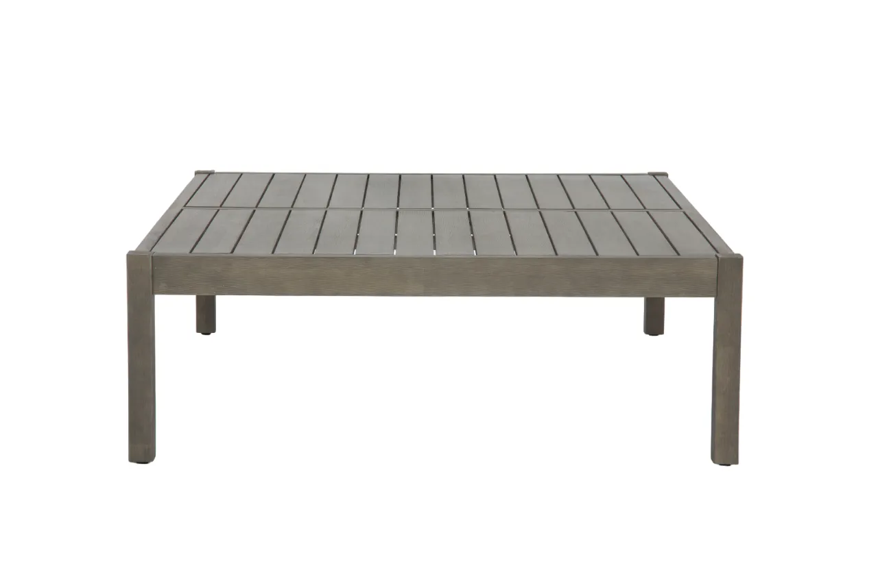 An outdoor lounge set with a 2 seater sofa a table and 2 chairs from EZ Livings Monpellier range. Front view of slatted grey table