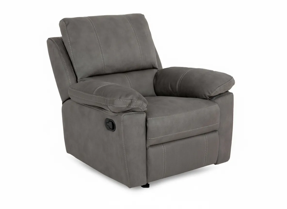 A sultry grey fabric rcker recliner from EZ Livings Michigan range. Angled view in fixed mode.