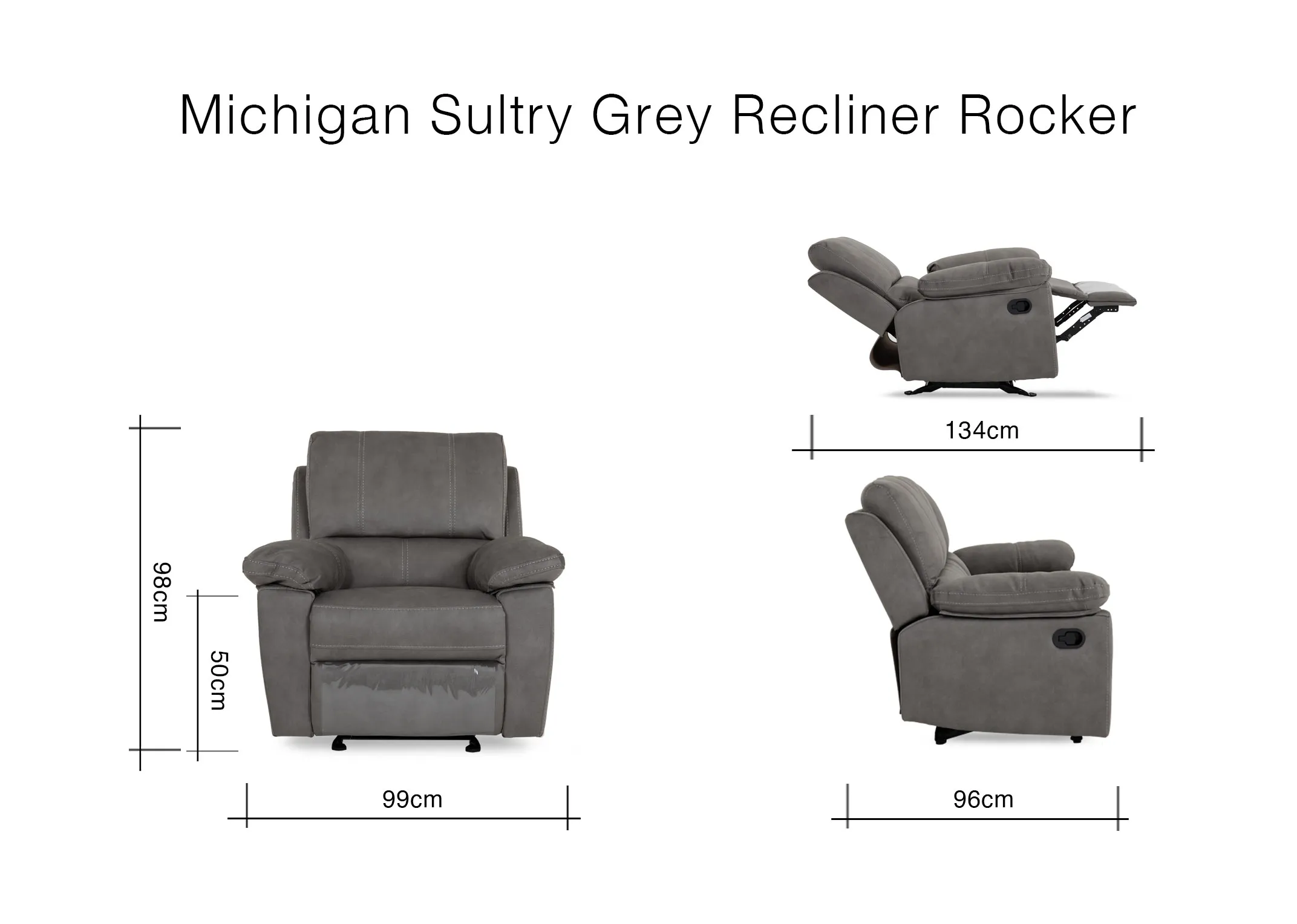 A dimension image of the Michigan Recliner with 99cm x 96cm - 134cm x 98cm