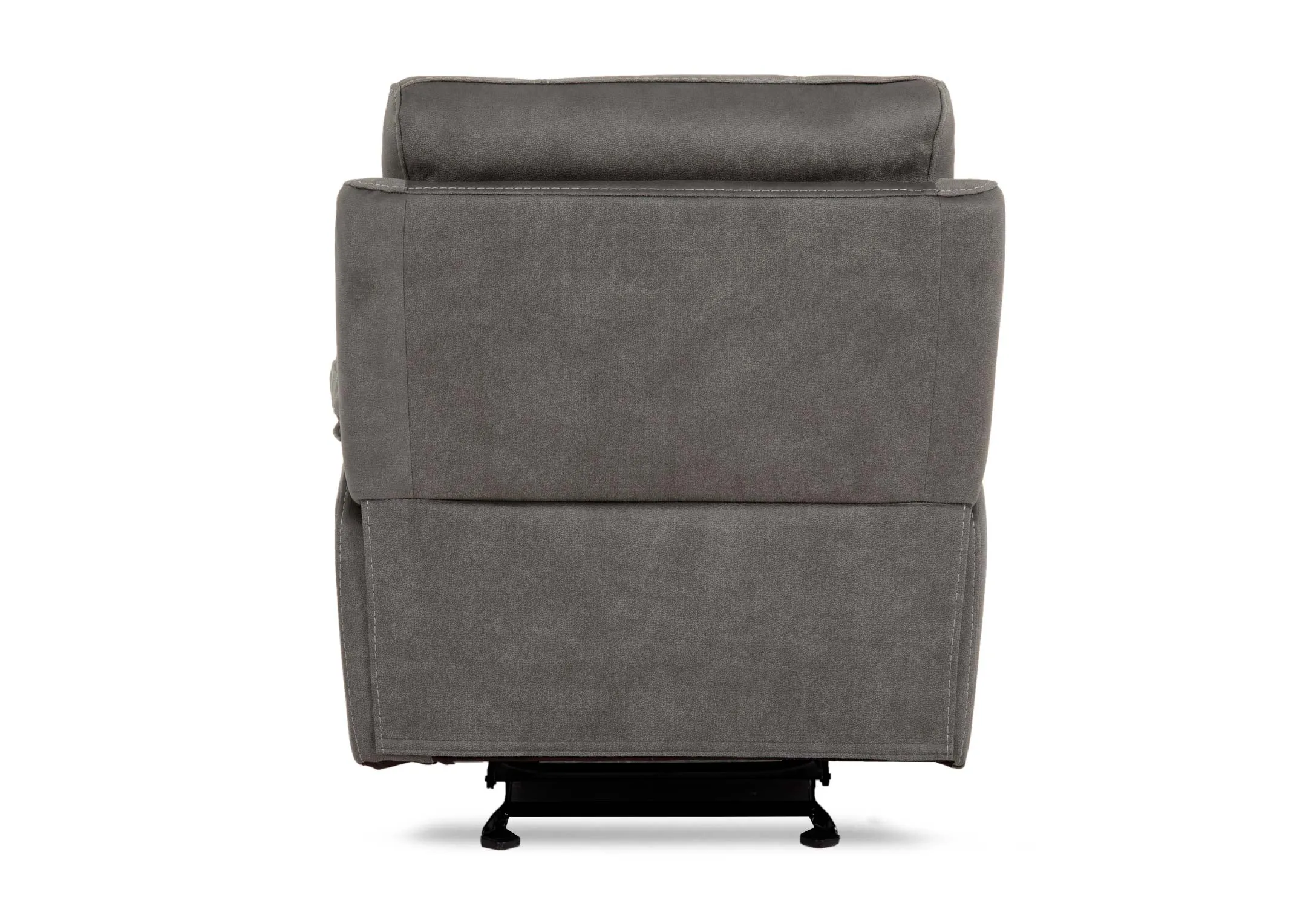 A sultry grey fabric rcker recliner from EZ Livings Michigan range. Back view of warrantied frame