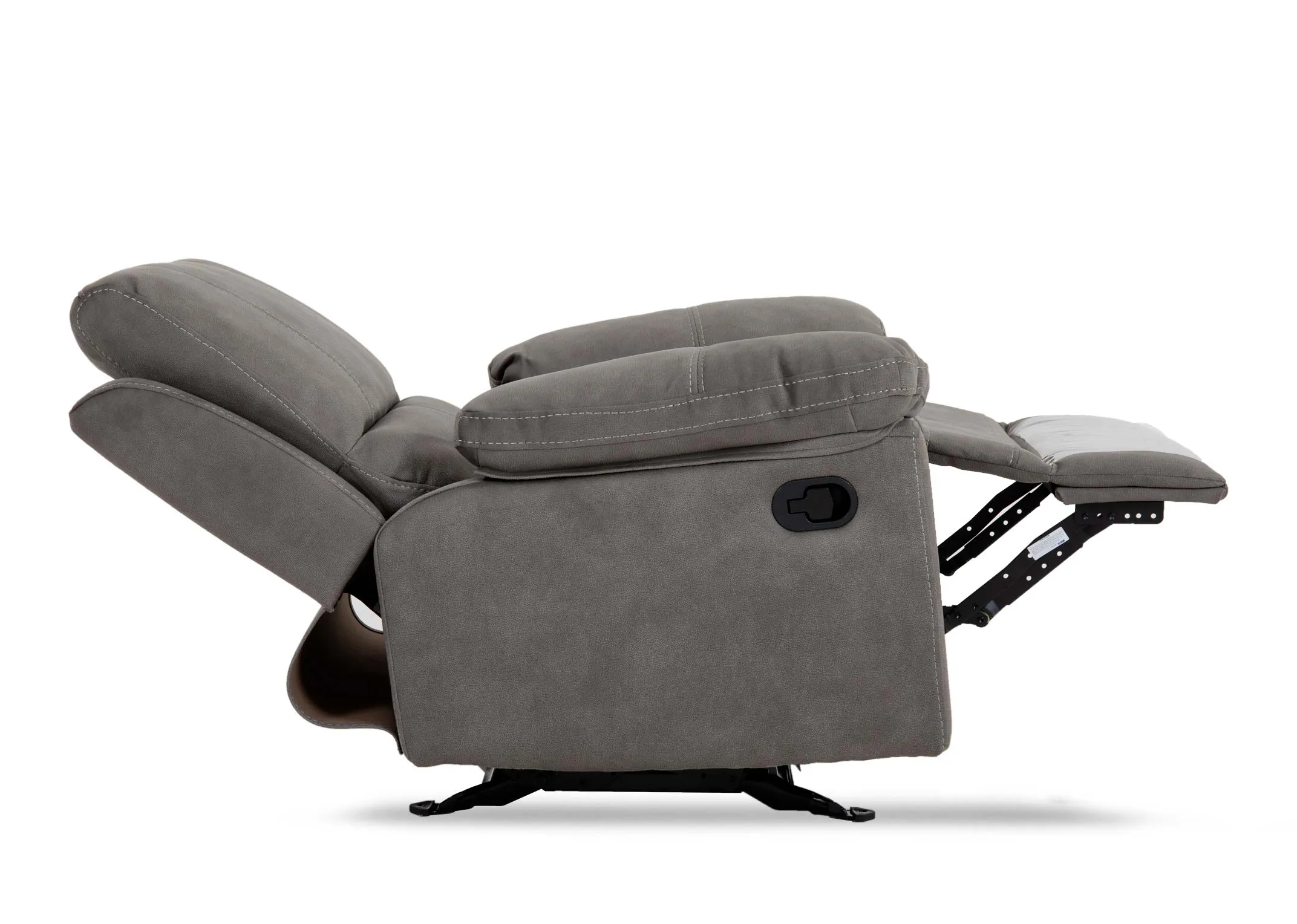 A sultry grey fabric rcker recliner from EZ Livings Michigan range. Side view of reclined armchair.