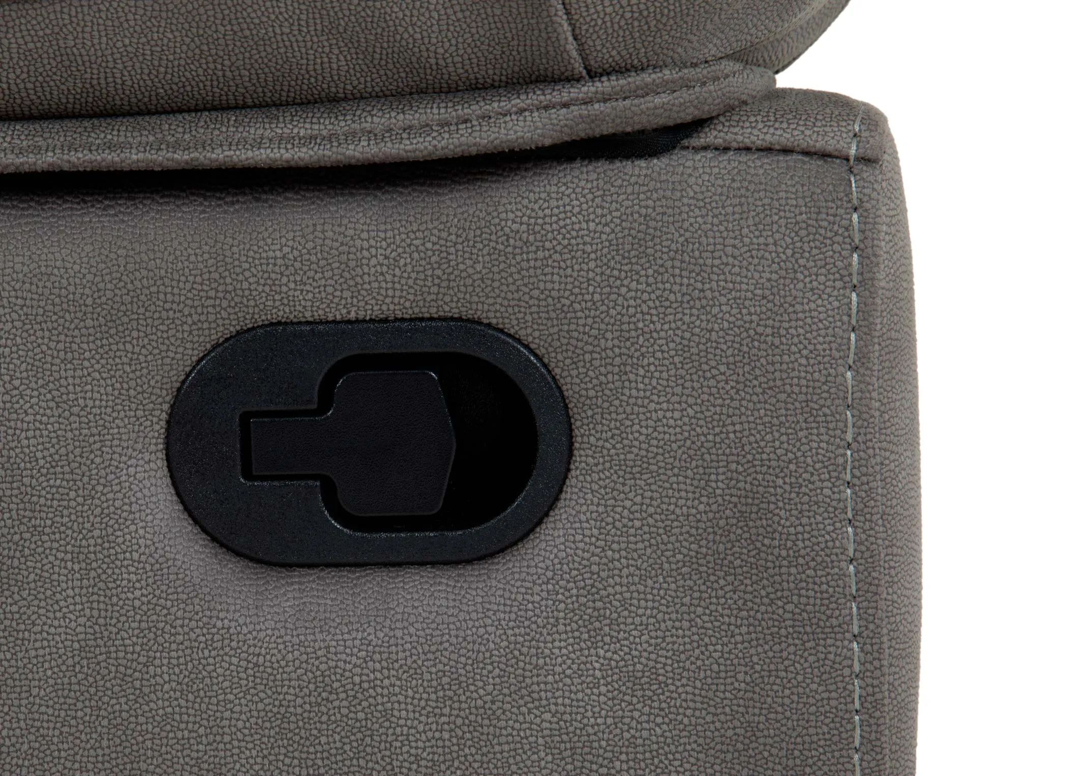 A sultry grey fabric rcker recliner from EZ Livings Michigan range. Closeup of recliner button.