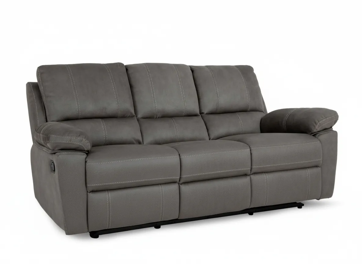 A grey fabric 3 seater sofa from EZ Livings Michigan range. Angled view of fixed sofa.