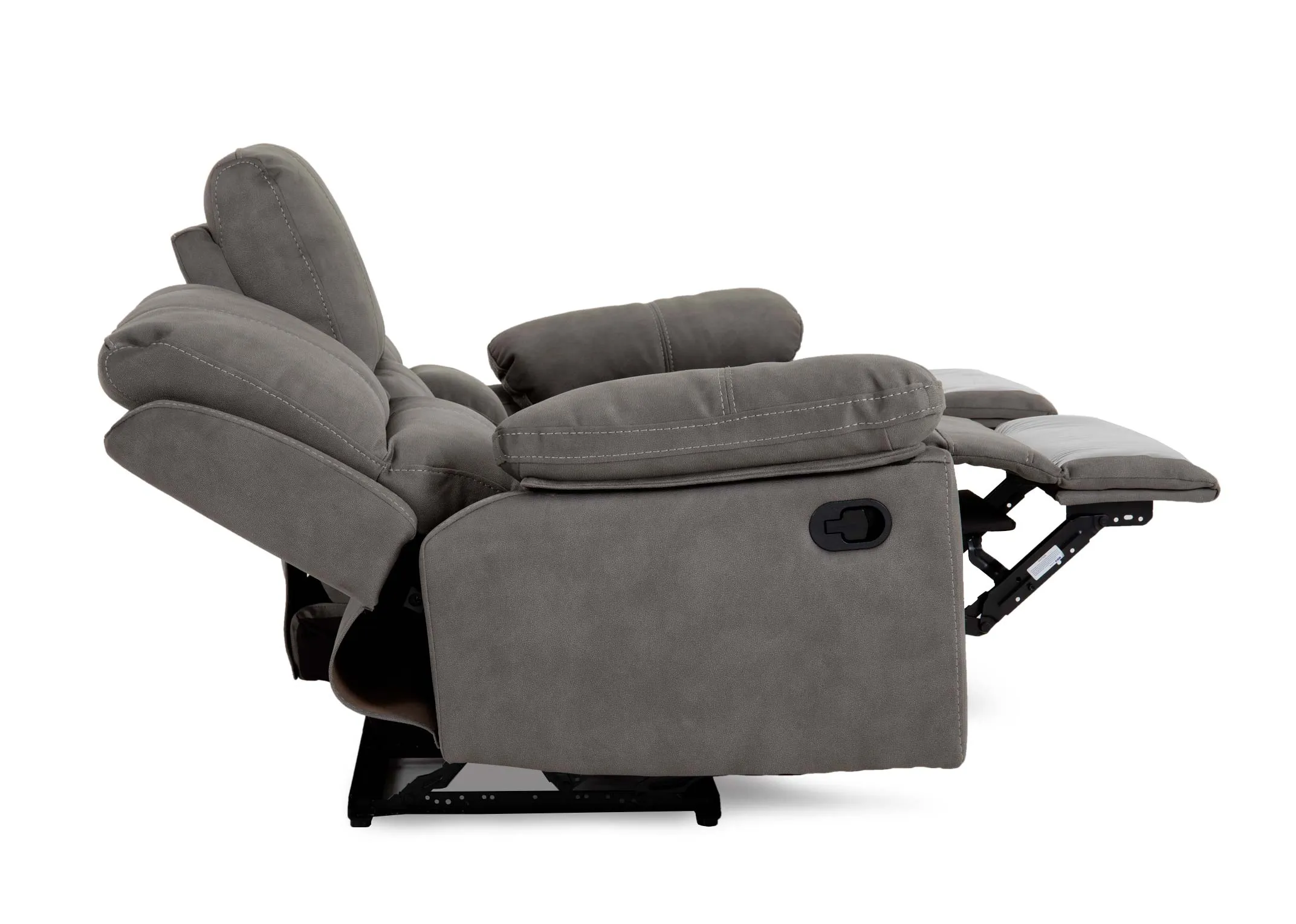 A grey fabric 3 seater sofa from EZ Livings Michigan range. Side view of reclined sofa at either end
