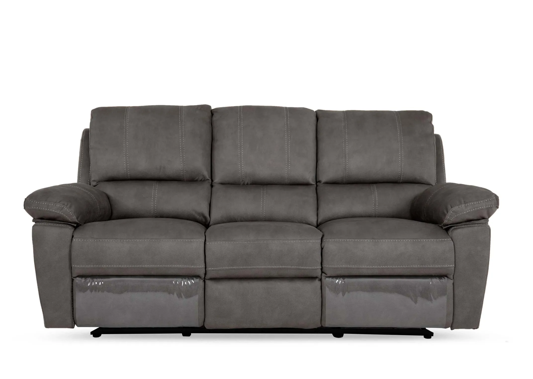 A grey fabric 3 seater sofa from EZ Livings Michigan range. Front view of unreclined sofa with heavy padded armrests