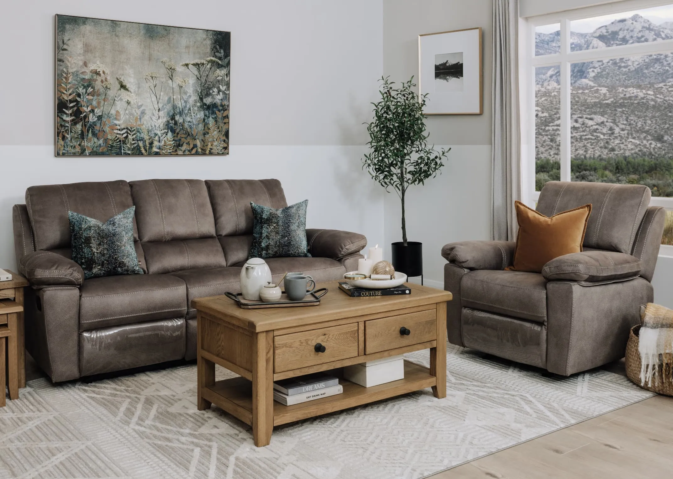 A lifestyle image of the Michigan 3 Seater and rocker with the Country cottage coffee table