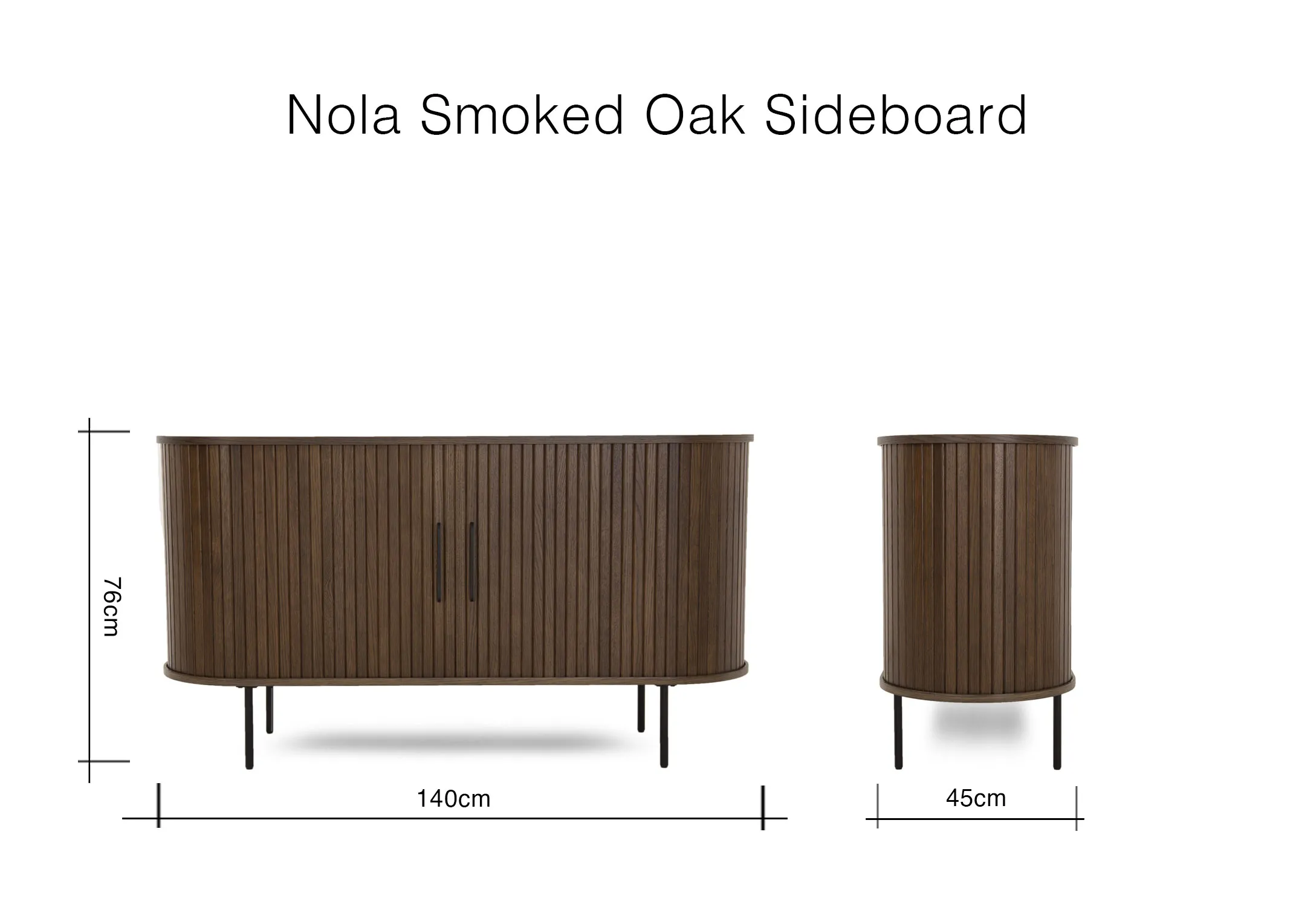 A dimension image of the Nola Smoked Oak Sideboard with 140cm x 45cm x 75cm