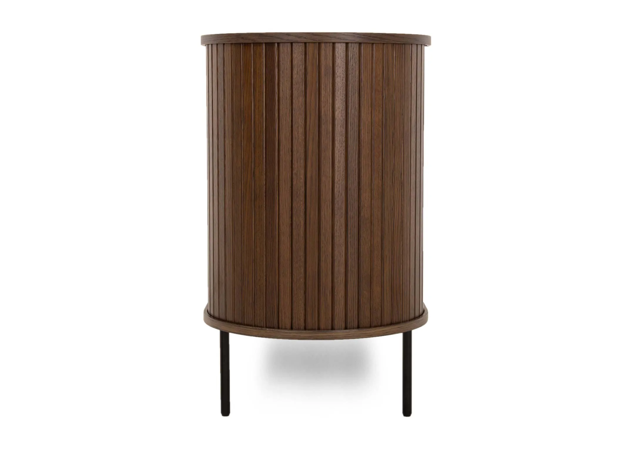 A smoked oak double taqmbour door sideboard from EZ Livings Nola range. Front view of slatted front sideboard with doors closed