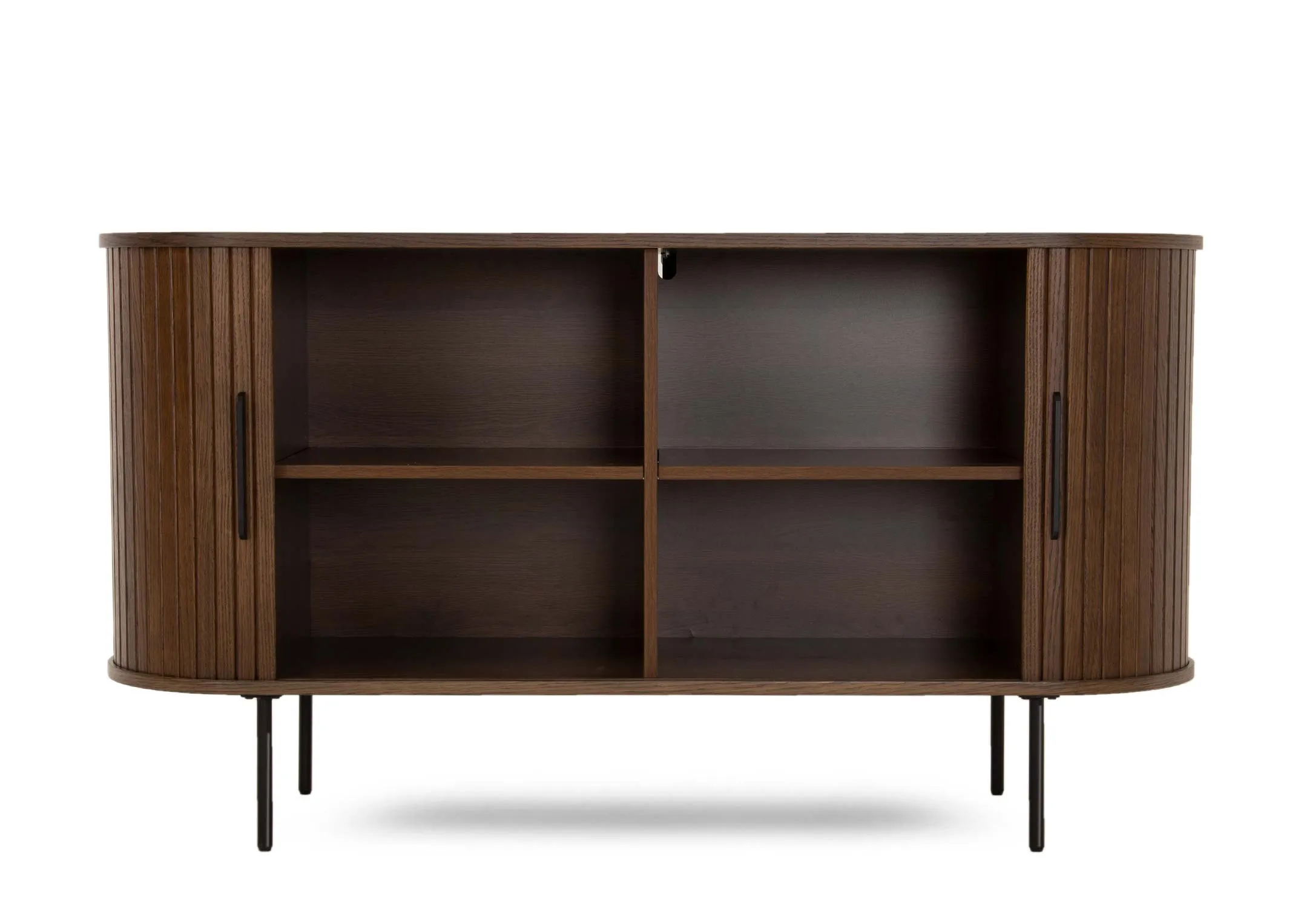 A lifestyle image of the Nola smoked oak sideboard with Narra vase and sarsfiedl lamp with Abstract ornament