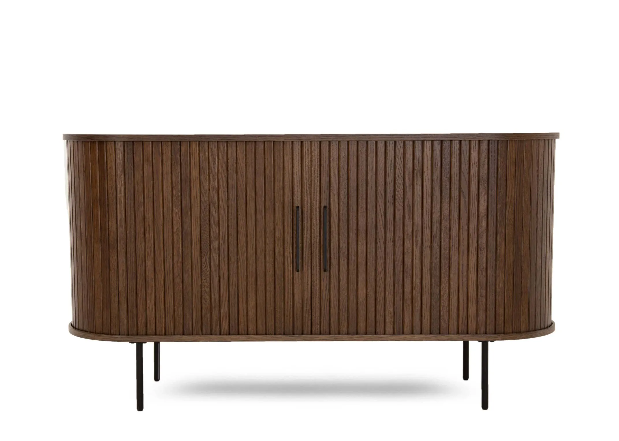 A smoked oak double tambour door sideboard from EZ Livings Nola range. Closeup of metal handles
