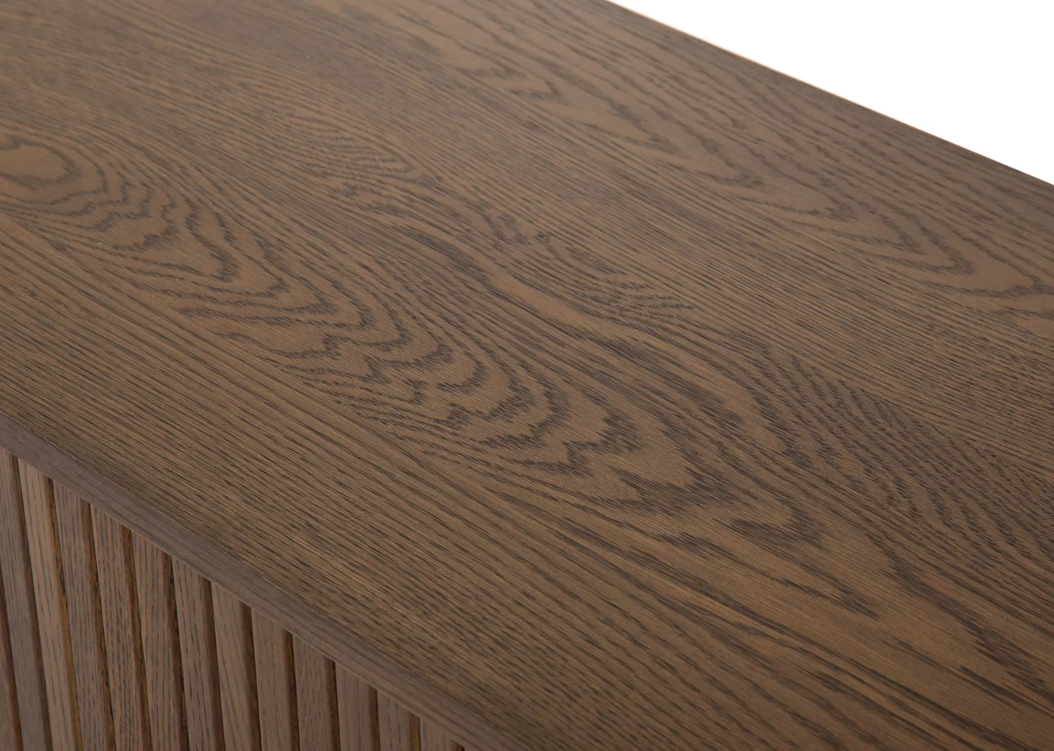 A smoked oak double taqmbour door sideboard from EZ Livings Nola range. Side view of curved tambour doors